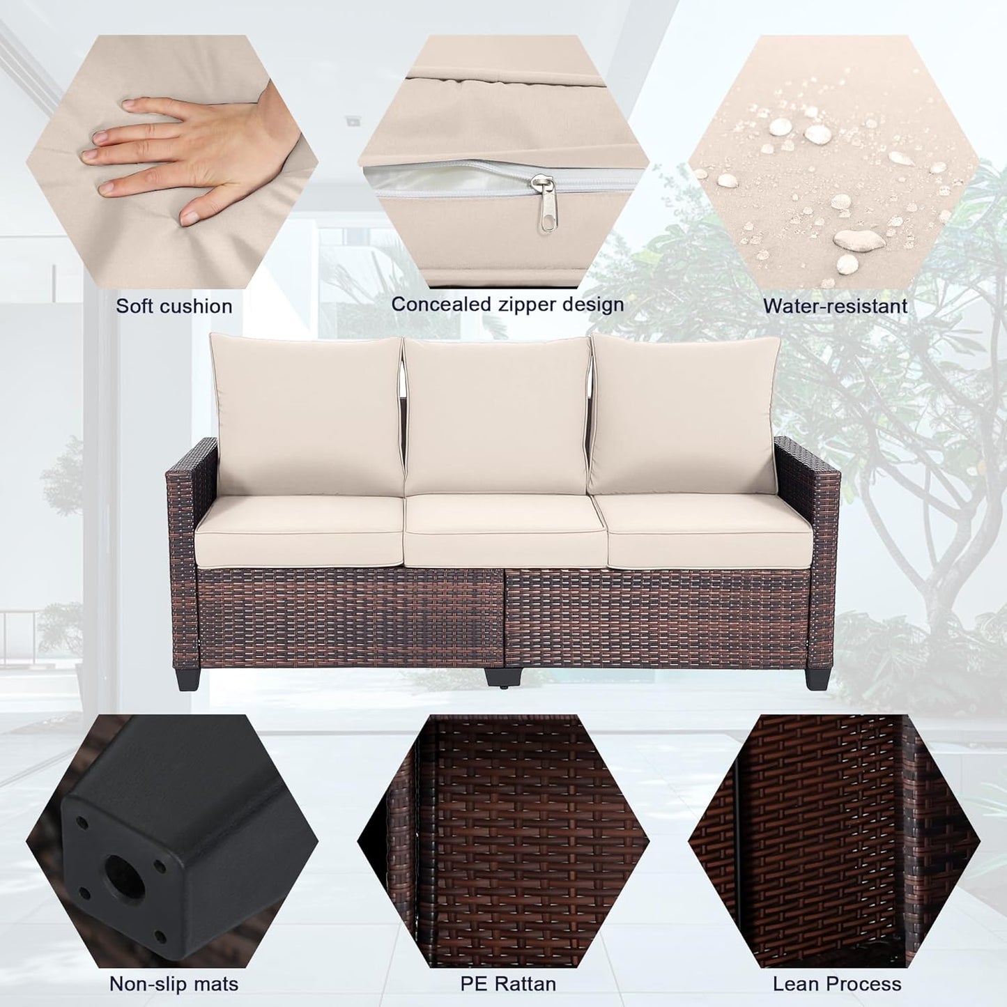 3-Seater Deep Seat Outdoor Sofa - High Back Patio Couch with Water-Resistant Cushions, All-Weather PE Rattan for Patio, Garden (Modern Design) (Beige)