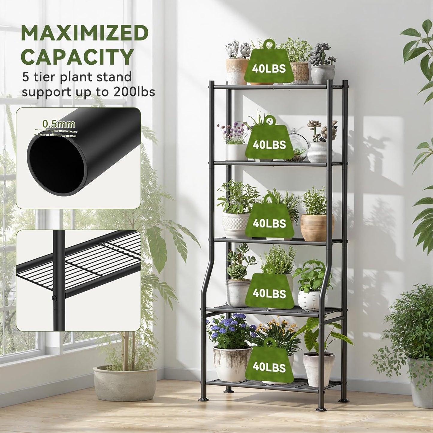 Livilord 5-Tier Plant Stand Indoor Outdoor, 64" Tall Metal Ladder Shelf for Multiple Flower Pot Holder, Waterproof Corner Garden Rack for Balcony Living Room, Black