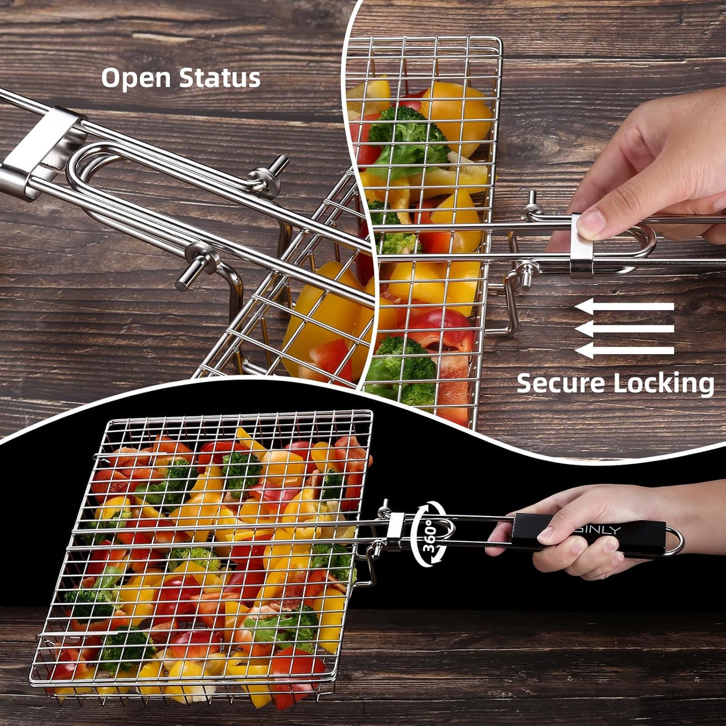 Portable Grill Basket, EISINLY BBQ Grilling Basket for Outdoor Grill with Removable Handle, Stainless Steel Camping Cooking Grill Accessories for Chicken Fish Vegetable