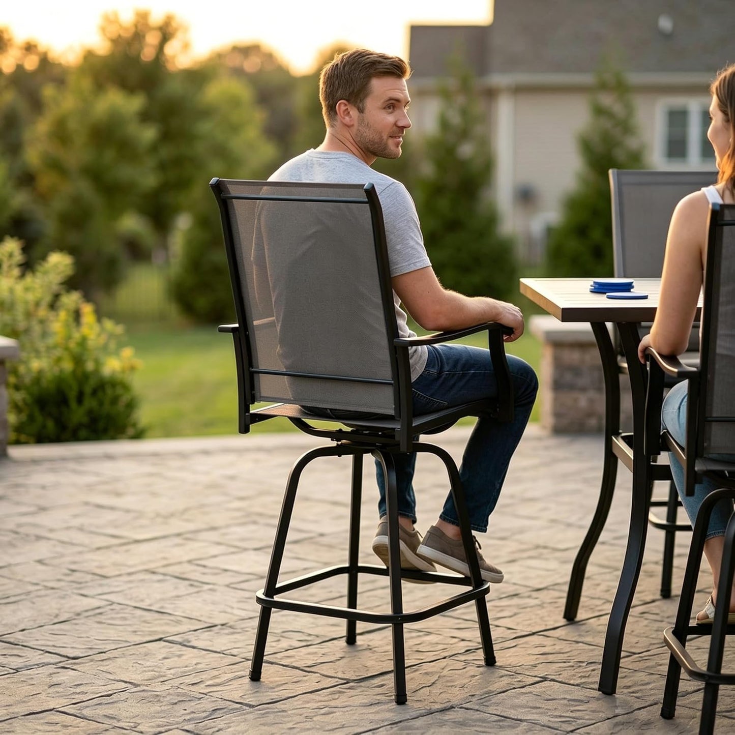 Oakcloud 4-Piece Patio Swivel Bar Stools, All-Weather Padded Textilene High Top Chairs, Swivel Outdoor Bar Height Furniture, Adjustable Feet for Lawn, Garden, Poolside (Grey)