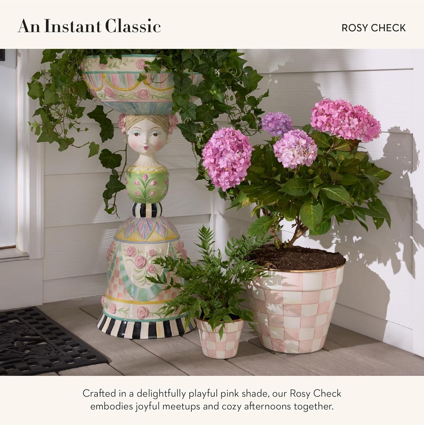 MACKENZIE-CHILDS Enamel Garden Pot, Decorative Pot for Plants, Outdoor Flowerpot Decor, Small, Pink-and-White Rosy Check