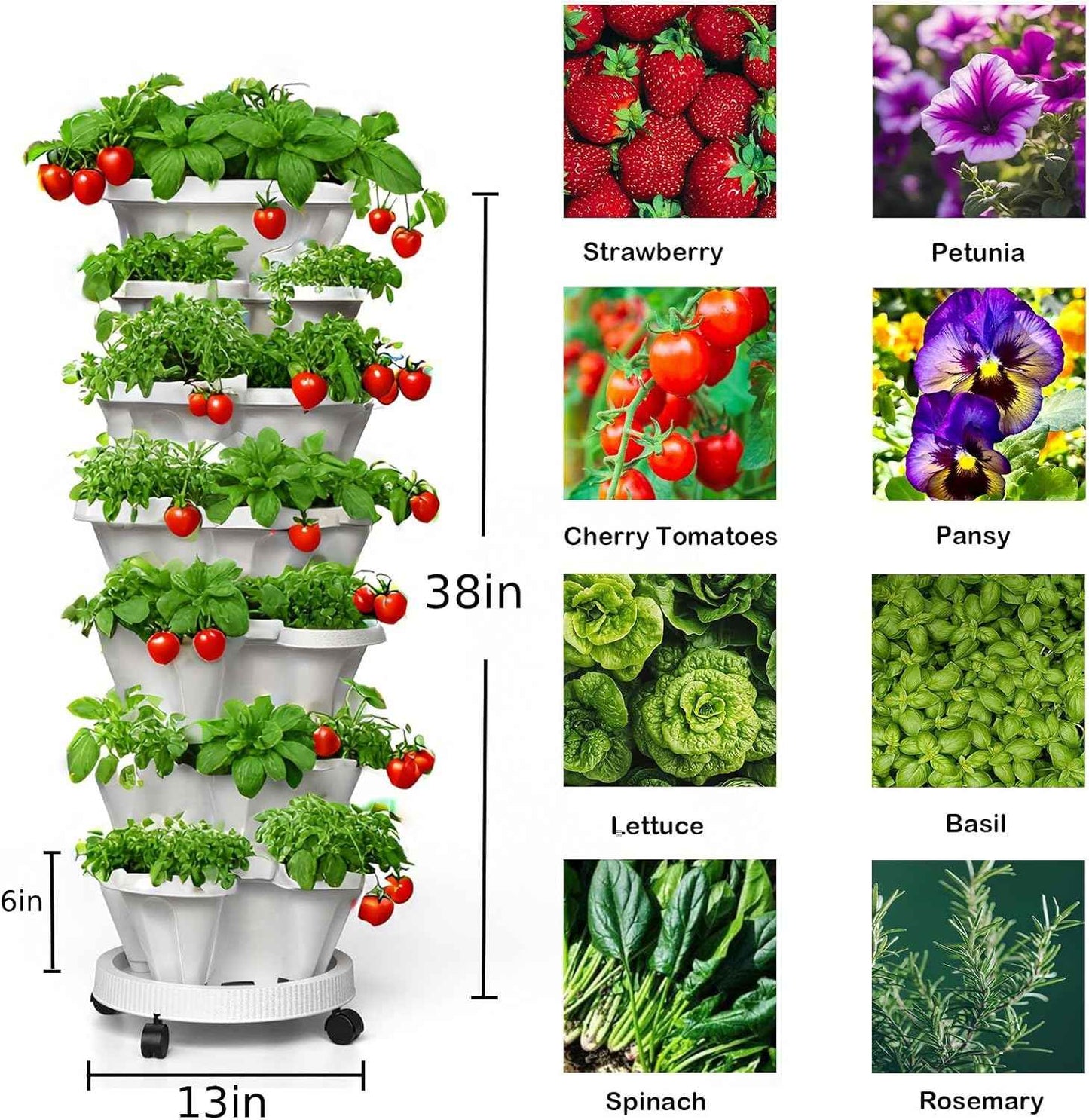 7 Tiered Strawberry Planters 2 Pack, Vertical Stackable Planter, Herb Stacking Tower Garden, Flower and Vegetable Planters with Support Pole Indoor & Outdoor with Removable Wheels - White