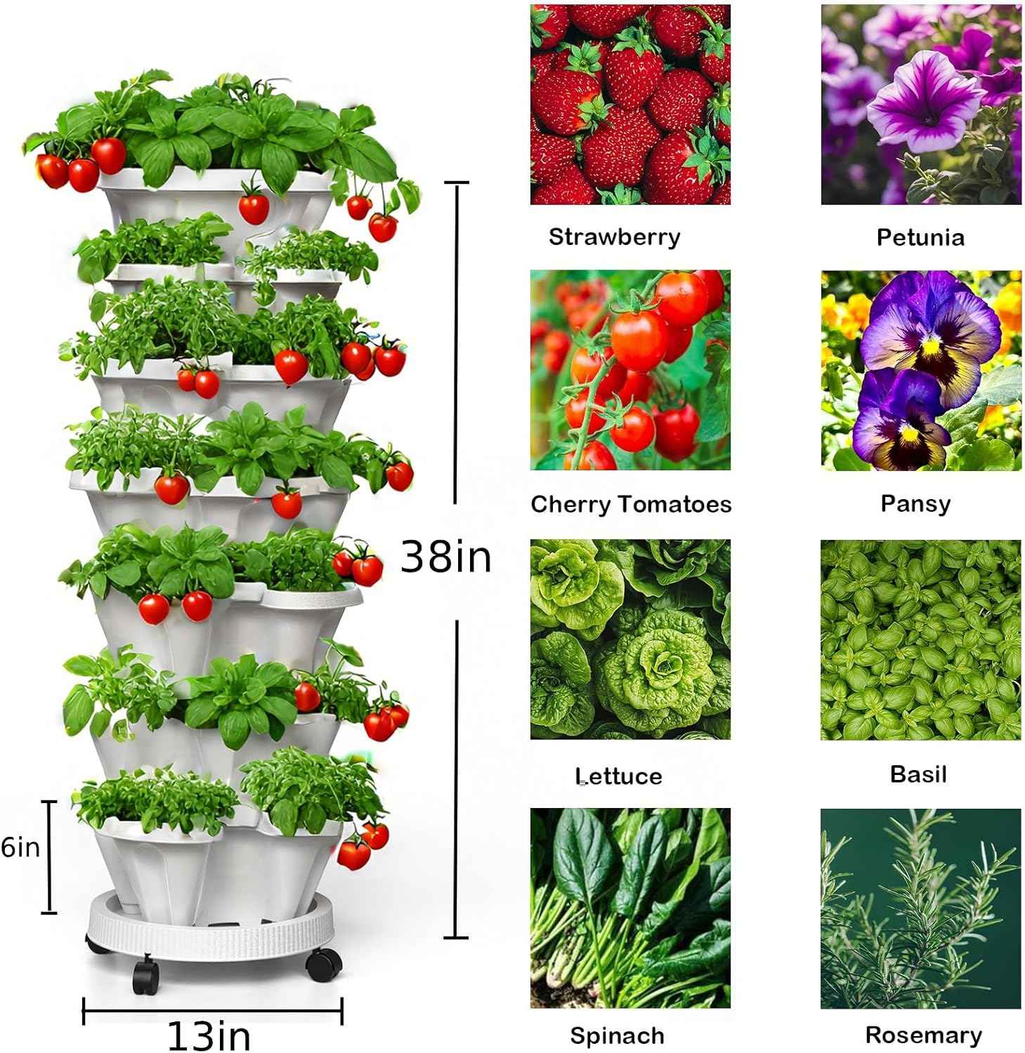 7 Tiered Strawberry Planters 2 Pack, Vertical Stackable Planter, Herb Stacking Tower Garden, Flower and Vegetable Planters with Support Pole Indoor & Outdoor with Removable Wheels - White