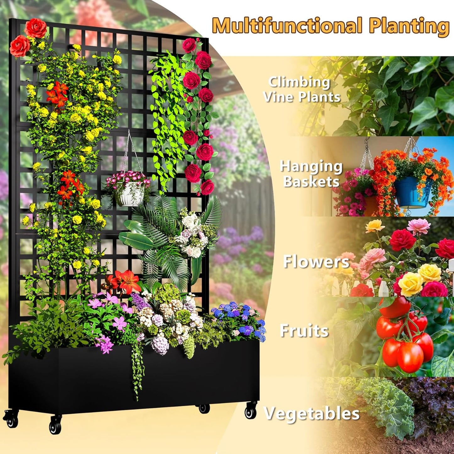 Metal Planter Box with Trellis, 72"x47"x16" Outdoor Galvanized Raised Garden Bed with Privacy Screen & Drainage Holes & Lockable Casters for Climbing Plants, Vegetable, Vines (Black-Grid)