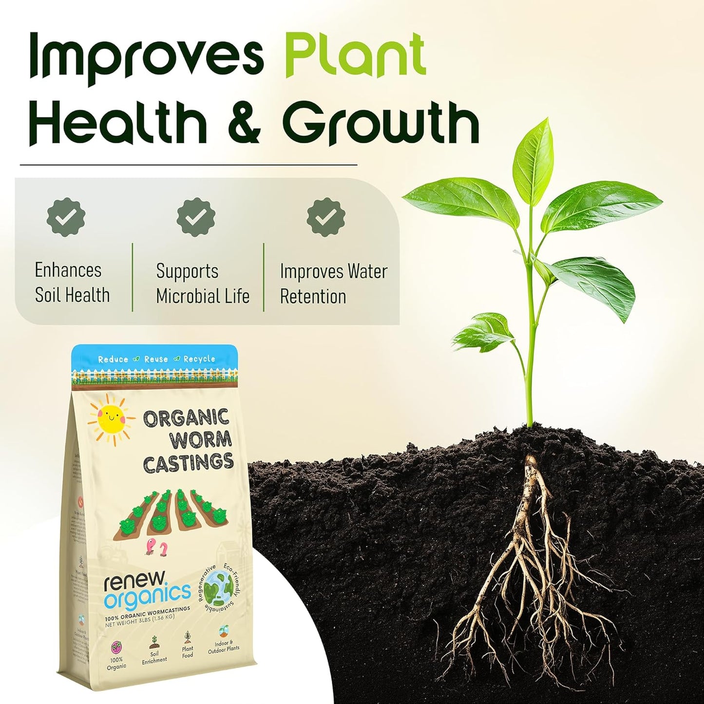 100% Organic Worm Castings (3lbs) - Earthworm Fertilizer & Soil Amendment for Indoor Outdoor Plants Gardens Vegetables - Odorless Non-Burning Pet Safe