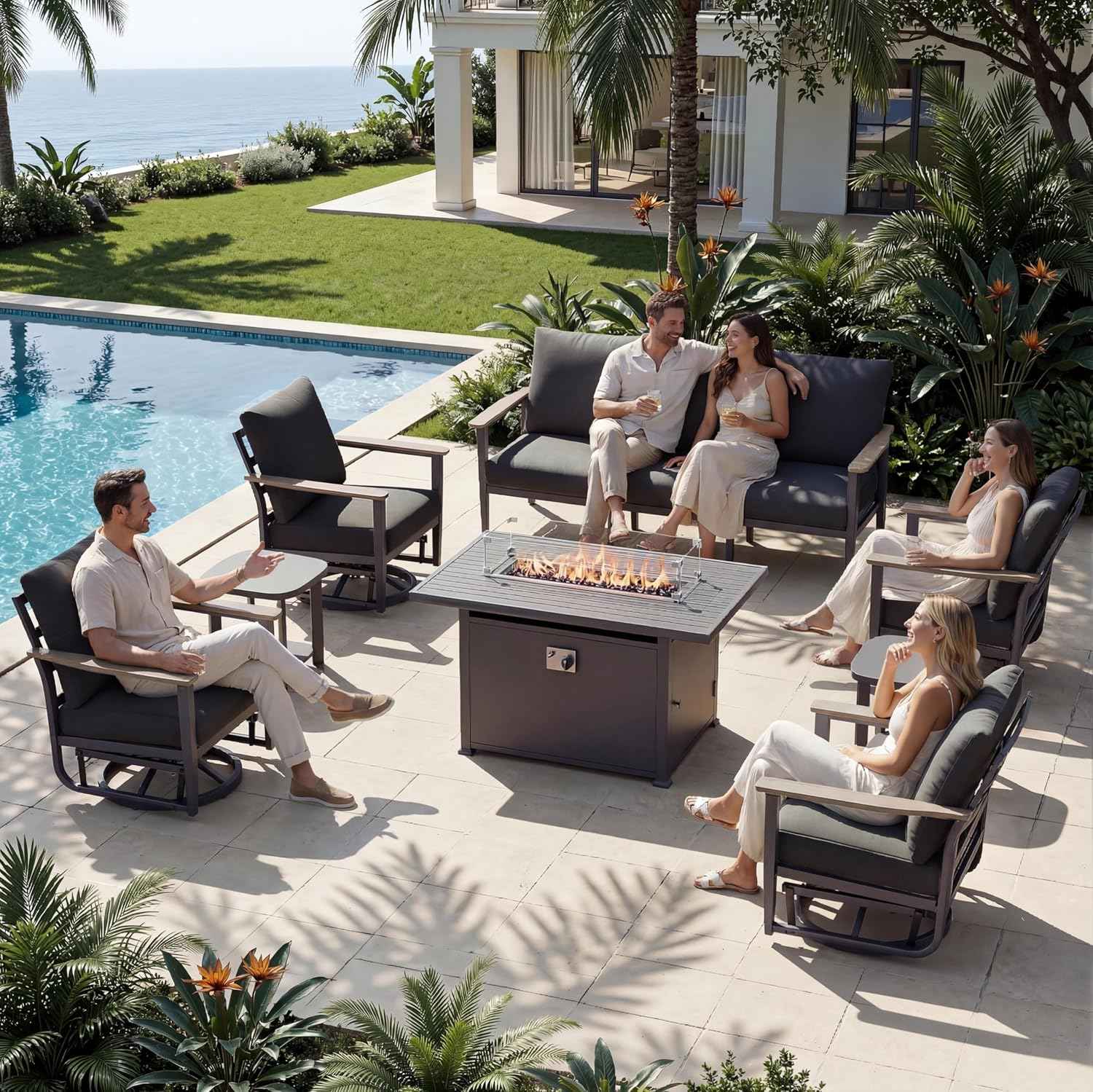 Aluminum Outdoor Patio Furniture Set with Swivel Rocking Chairs 7-Seat, Patio Sectional Sofa Patio Conversation Set with 55,000 BTU Fire Pit Table & High Backrest, Dark Grey
