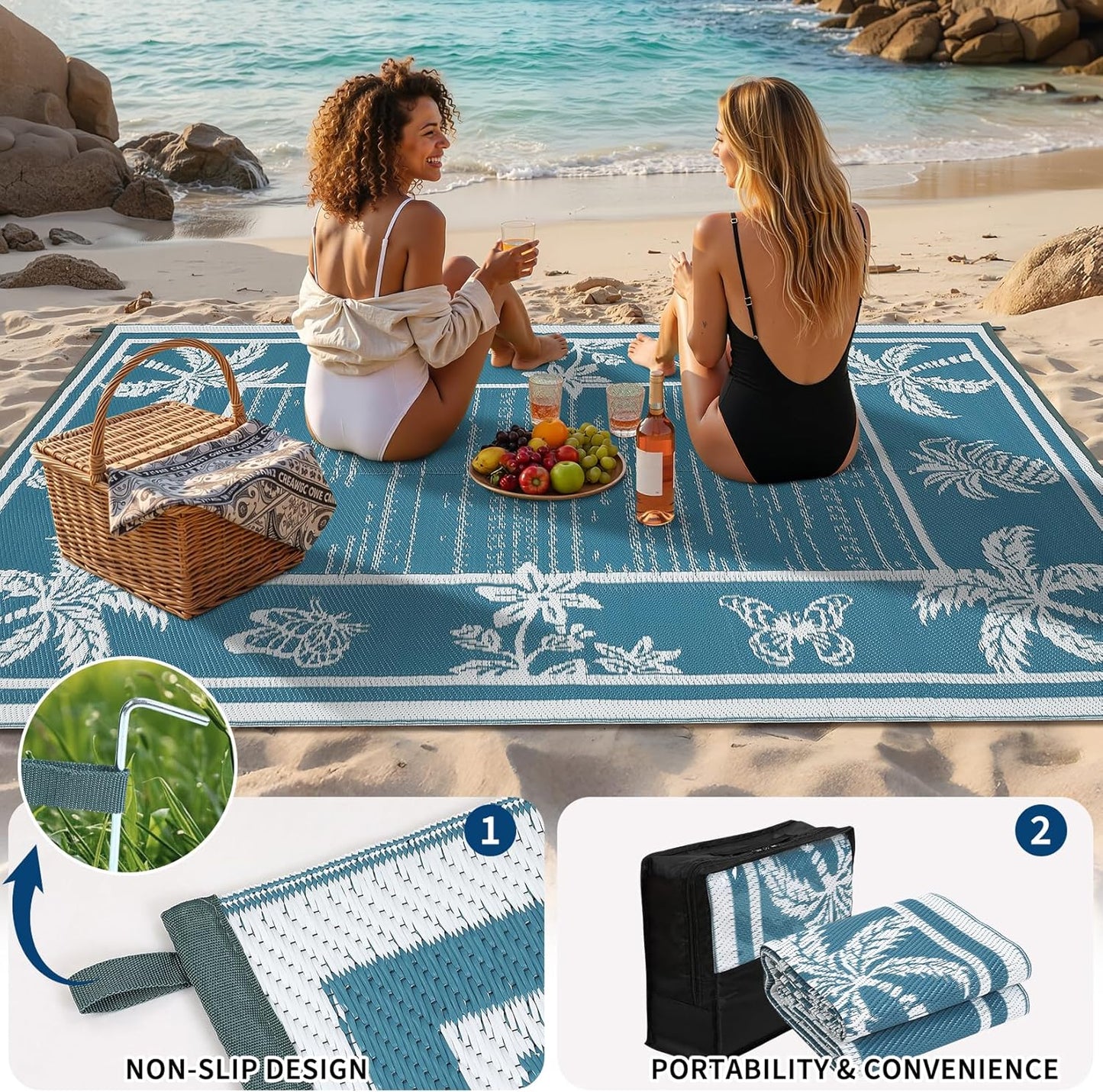 Garvee Outdoor Rug 5x8 Waterproof for Patios, Reversible Plastic Straw Rug, Tropical Leaf Indoor Outdoor Rugs, Large Area Rug for RV, Camping, Deck, Picnic Mat, Outside Carpet, Blue & White