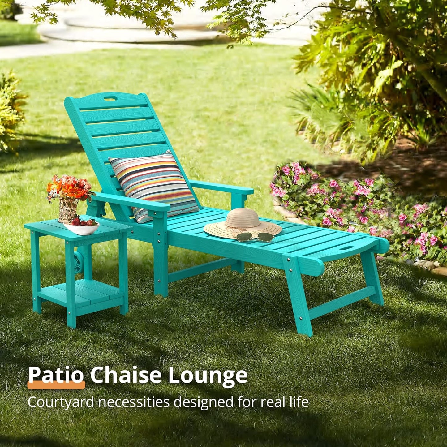 LUE BONA Chaise Lounge Chairs Set with Table, 3-Piece, 79'' Oversized HDPS Chaise Lounger, 5 Positions Adjustable Lounge Chairs, Pool Lounge Chair with Wheels for Poolside, 3 Year Warranty, Aruba Blue