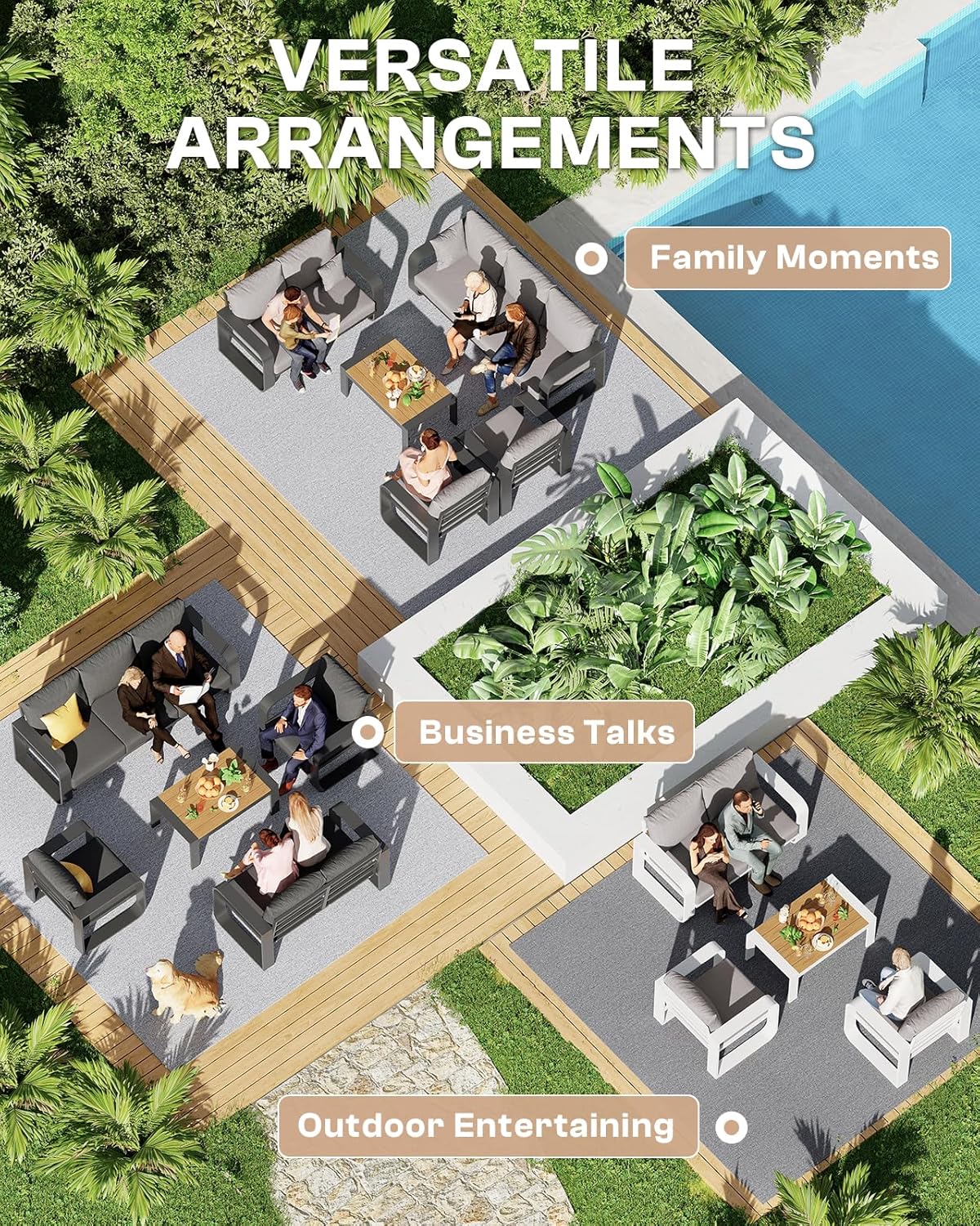 Oversized Aluminum Outdoor Furniture Set, Extra Large Patio Furniture Sofa Set 4.8” Widened Armrest & Ultra-Thick Cushions, 5 Pcs Modern Patio Sectional for Backyard, Porch, Gray