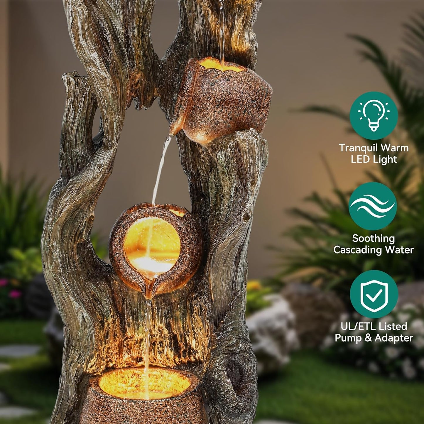 AUTODAYA Tall Outdoor Water Fountain with LED Lights, 42.7" 3-Tier Rainforest Waterfall Tree Trunk and Jar Garden Fountain, Ideal for Serene Relaxing Patio, Yard or Porch