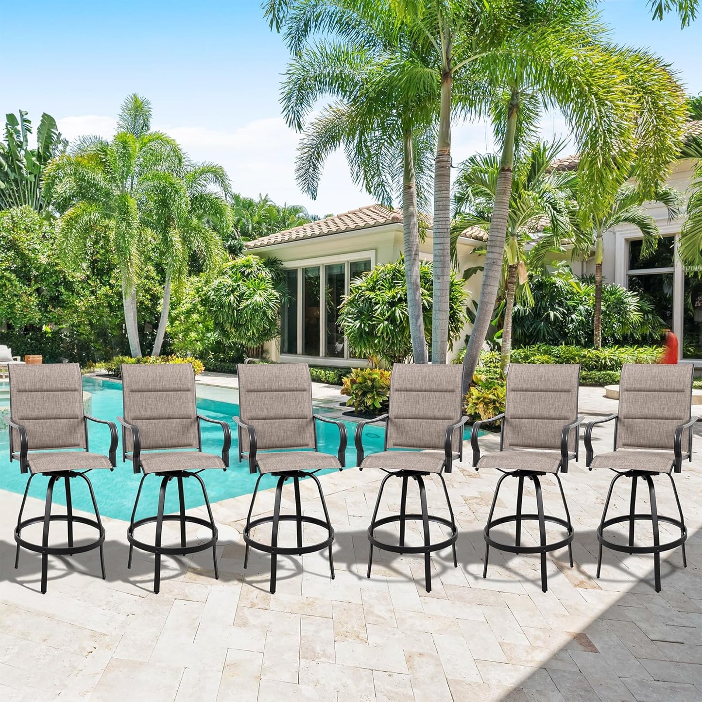Vongrasig 6 Piece Outdoor Patio Swivel Bar Chairs, All Weather Padded Sling Textile High Top Bar Stools, Bistro Set for Backyard, Lawn Garden, Balcony, Gray