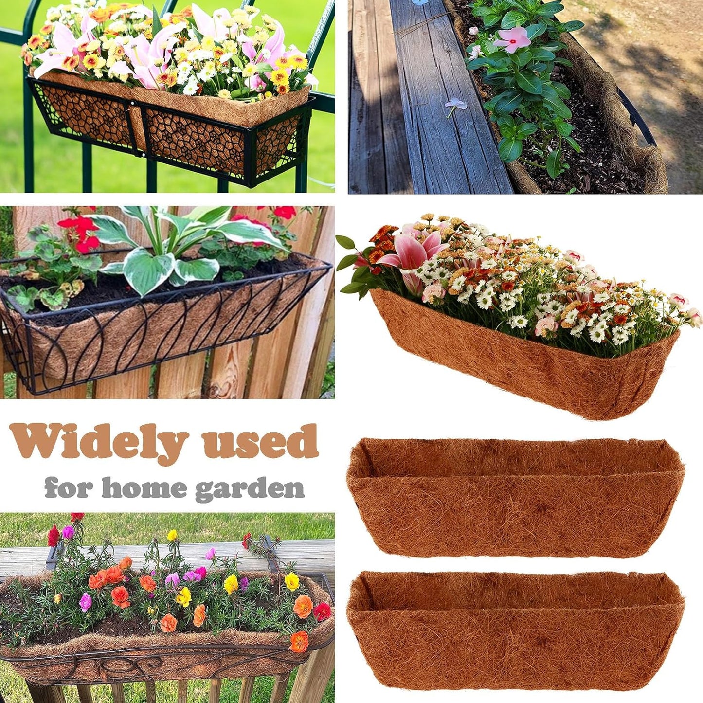 4 Pack Rectangle Coco Liner 24 Inch Hanging Basket Liners 100% Natural Coconut Husk Liners for Planters Window Box Planter Inserts for Large Pots Trough Planters Outdoor Garden Decoration