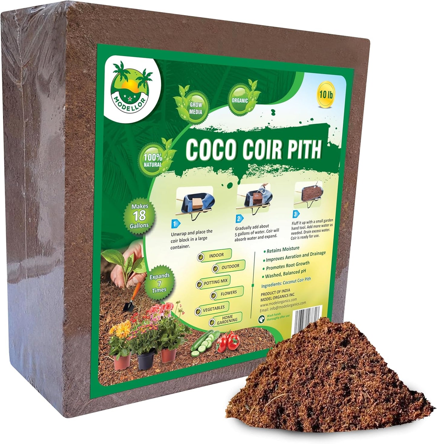 MODELLOR (10 lb) Premium Super Washed Coco Coir Brick, High Yield 18 to 20 gallons [72 to 80 quarts], Seed Starter, Organic, pH Balanced, Gardening, Indoor, Outdoor use