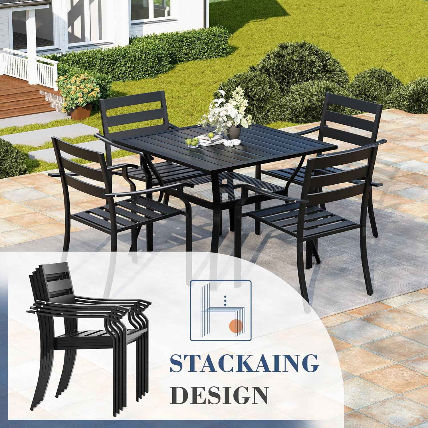 HOMREST 5 Piece Outdoor Patio Dining Set for 4, 37" Square Metal Table with Umbrella Hole and Storage Shelf, Stackable Wrought Iron Chairs, Patio Furniture Set for Deck/Backyard/Poolside/Garden