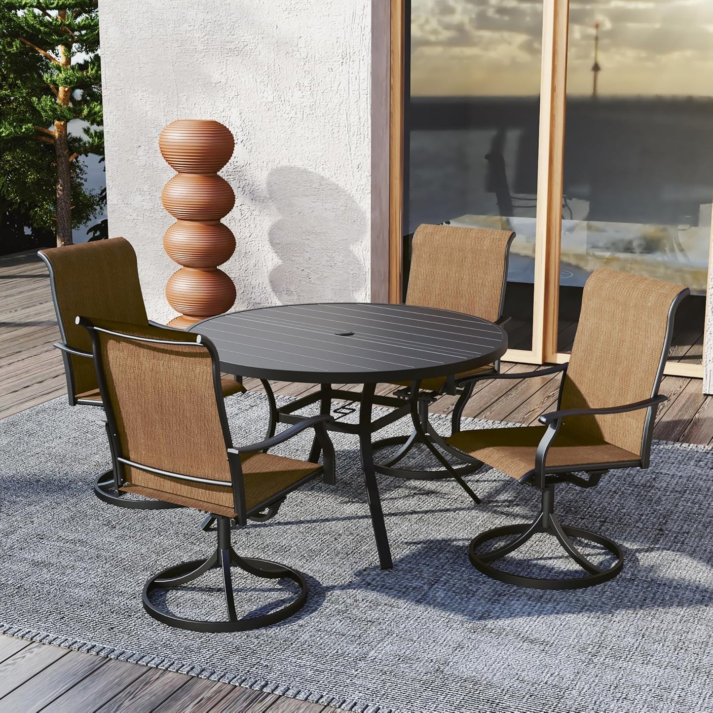 Anmutig 5 Piece Outdoor Dining Set, 4 Swivel Patio Chairs and 48" Round Dining Table with Umbrella Hole, Patio Furniture Set for Lawn Backyard Balcony - Brown Style1