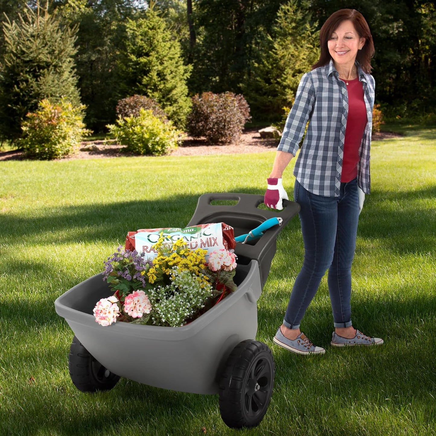 Simplay3 Easy Haul Durable Wheelbarrow with Garden Tool Storage Tray - Large Easy Turn Wheels - Gray - Made in USA