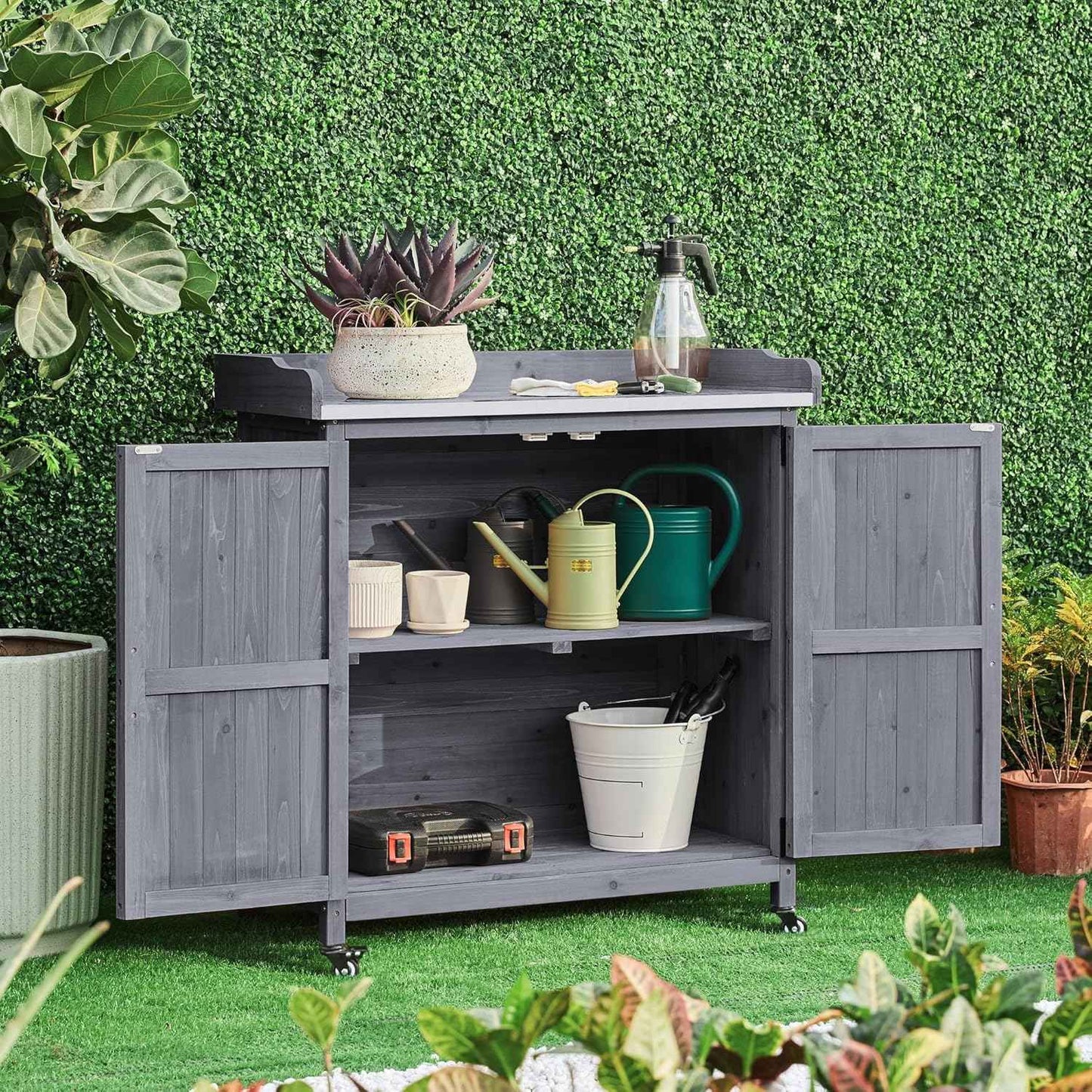 Topeakmart Potting Bench Table - Wooden Storage Cabinet with Removable Shelf & Flexible Space & Metal-Plated Tabletop for Outdoor Garden Patio, Gray