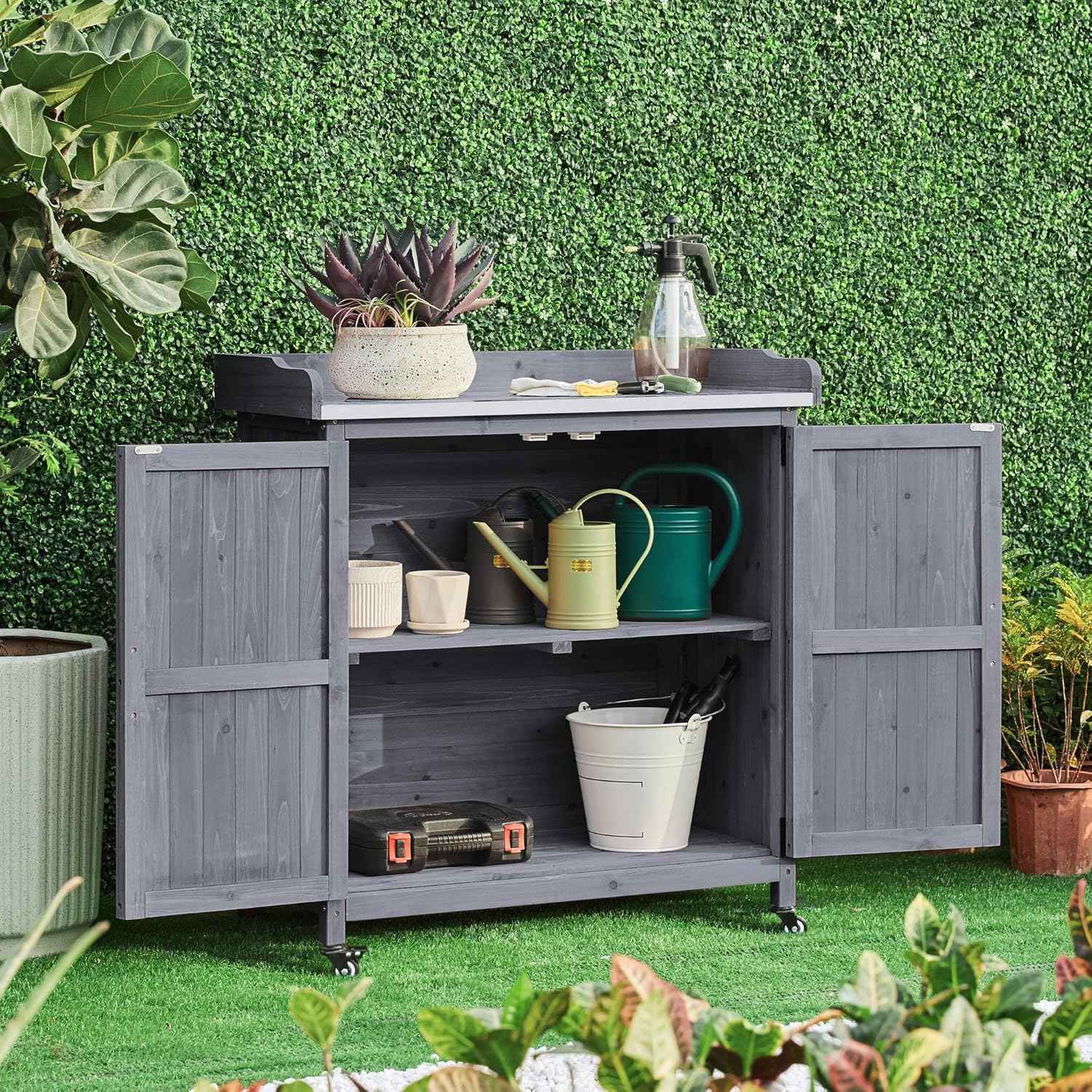 Topeakmart Potting Bench Table - Wooden Storage Cabinet with Removable Shelf & Flexible Space & Metal-Plated Tabletop for Outdoor Garden Patio, Gray