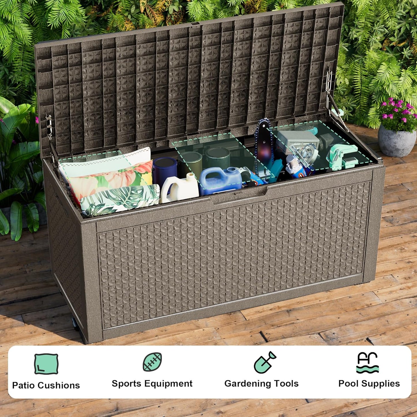 ROJIK 110 Gallon Waterproof Outdoor Deck Storage Box, Lockable Resin Patio Storage Bin with Lid for Garden Tools, Patio Cushions & Outdoor Accessories(Grey)
