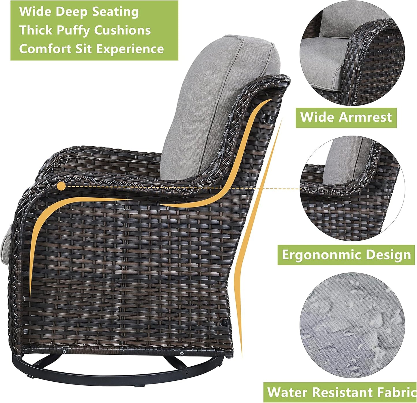 Outdoor Patio Swivel Rocker Chairs - Wicker Rattan Patio Swivel Rocking Chairs Set of 2 with High Back,Deep Seating and Comfort Cushions for Deck Porch Garden,rown/Grey