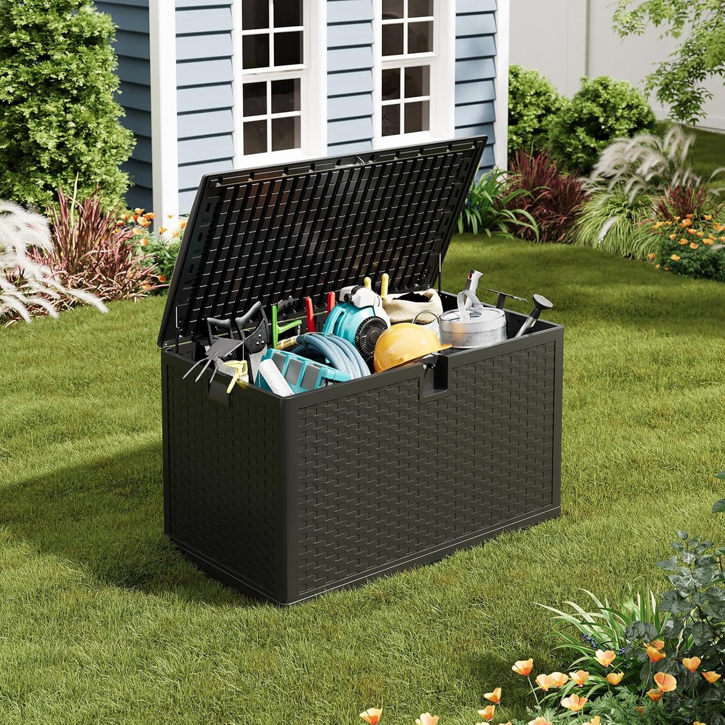 120 Gallon Outdoor Deck Box, Lockable Waterproof Outdoor Resin Box with Lid, Patio Storage Bin for Patio Furniture, Garden Tools, Pool Accessories - Black