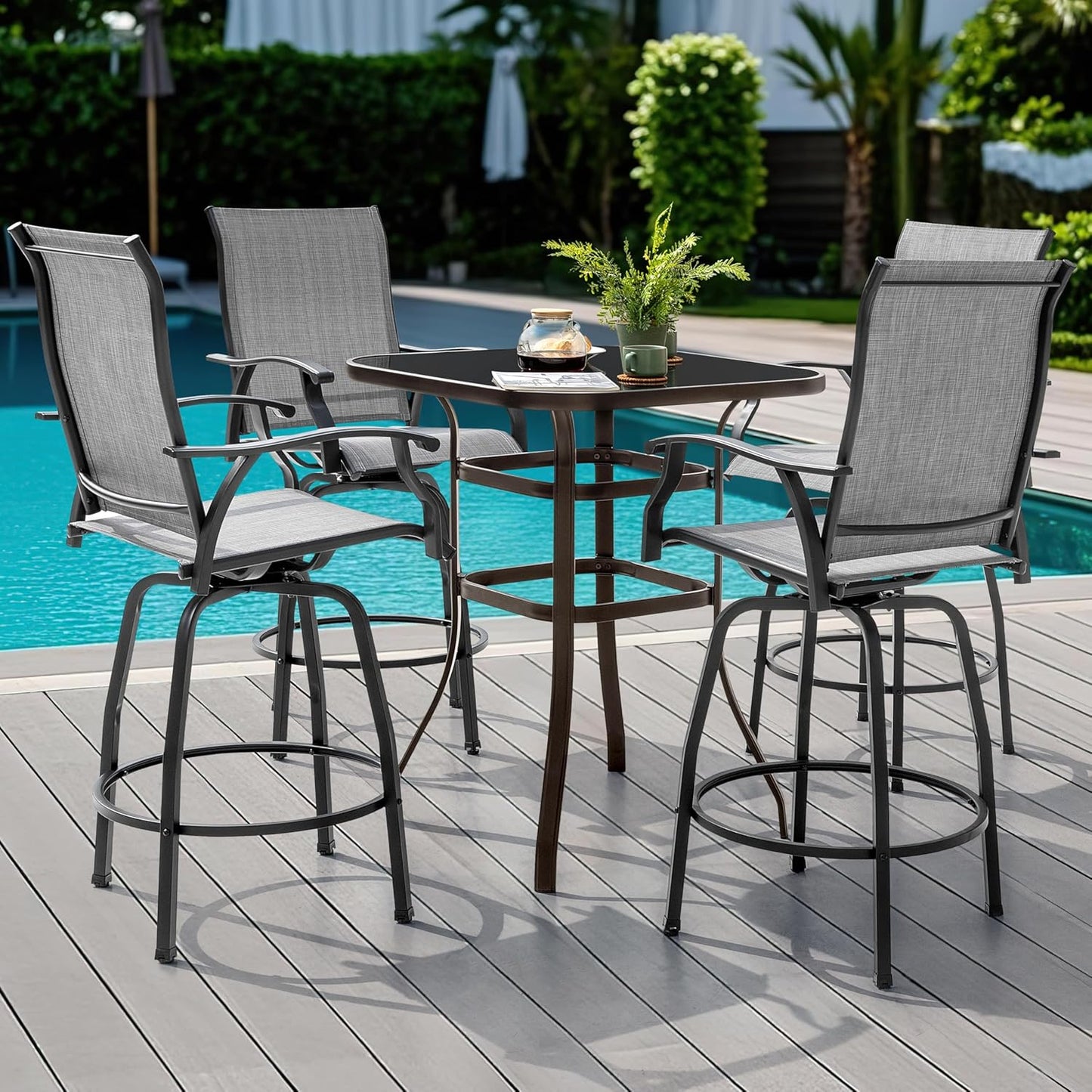 NUU GARDEN 5 PCS Patio Bar Set, Outdoor Tempered Glass Square Bar Table and Textilene Swivel Bar Stools with High Backrest, Bar Height Outdoor Table and Chairs for Patio, Garden, Backyard and Balcony