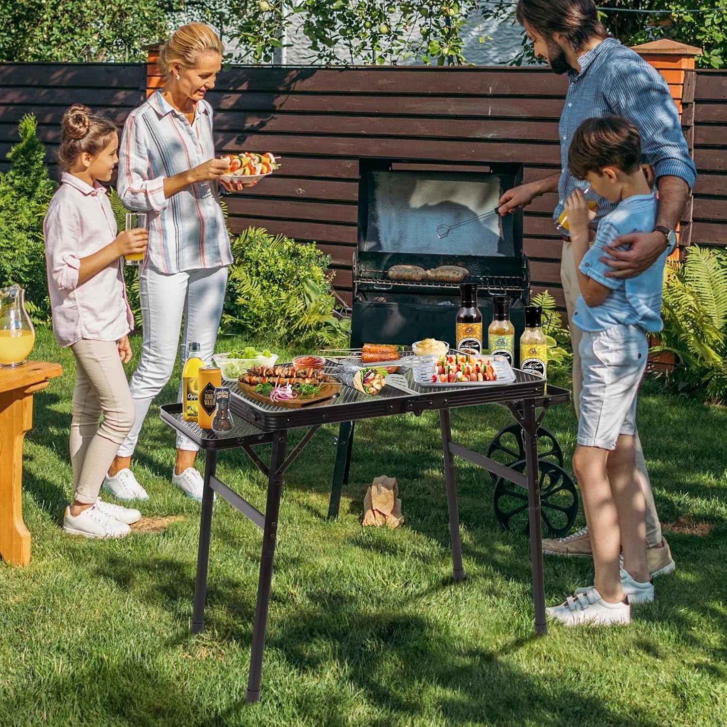 2.5 FT Picnic Table with 2 Wing Panels, Mesh Metal Folding Grill Table Height Adjustable & Lightweight & Portable Table for Outdoor Indoor Camping, Picnic, Beach and BBQ, RV