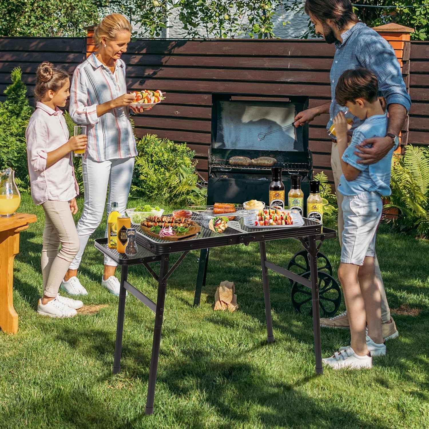 2.5 FT Picnic Table with 2 Wing Panels, Mesh Metal Folding Grill Table Height Adjustable & Lightweight & Portable Table for Outdoor Indoor Camping, Picnic, Beach and BBQ, RV