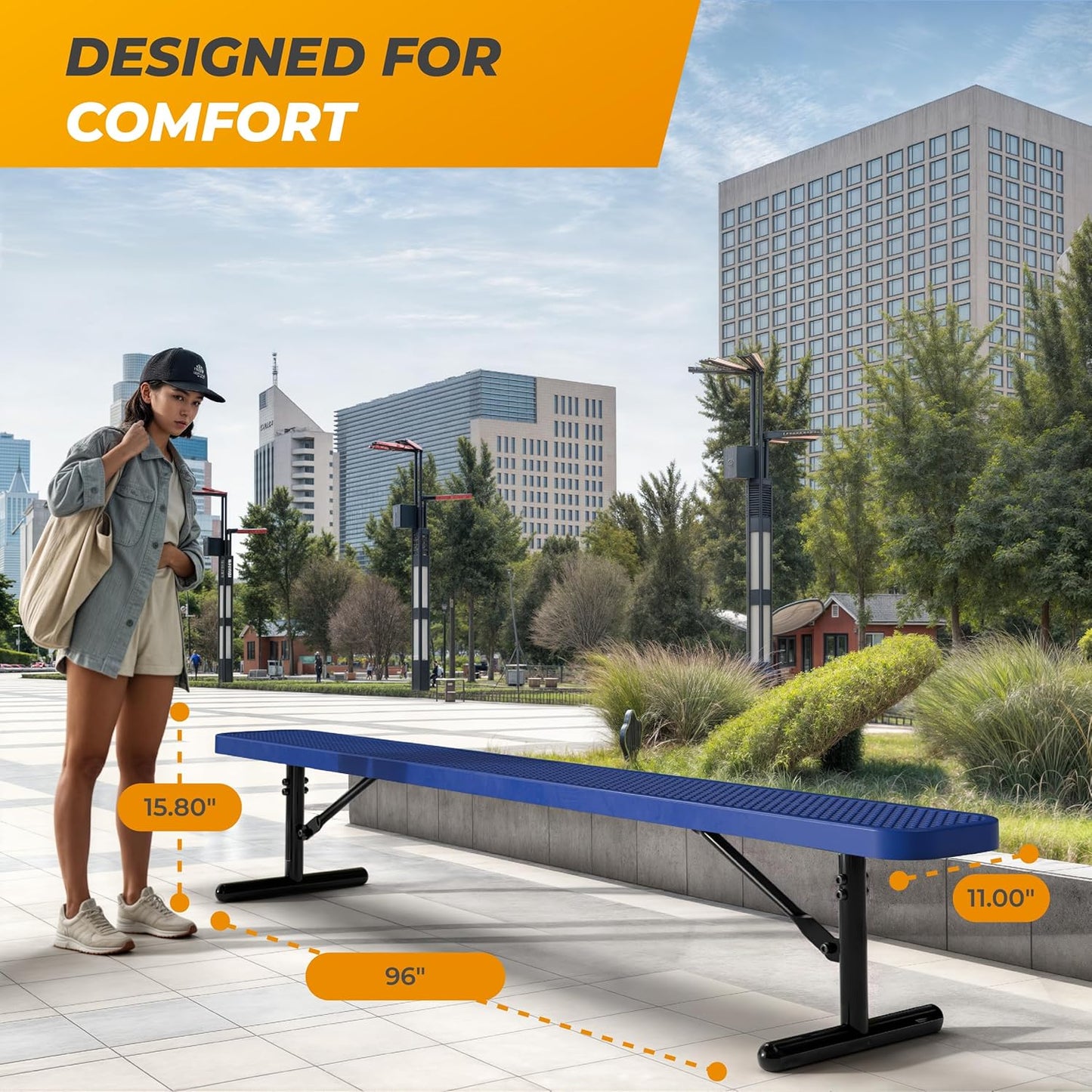 Heavy-Duty Outdoor Metal Bench, Thermoplastic-Coated, Portable, Weatherproof, Commercial-Grade for Parks, Gardens, Patios, Stores & More (8 Ft - Portable, Blue)