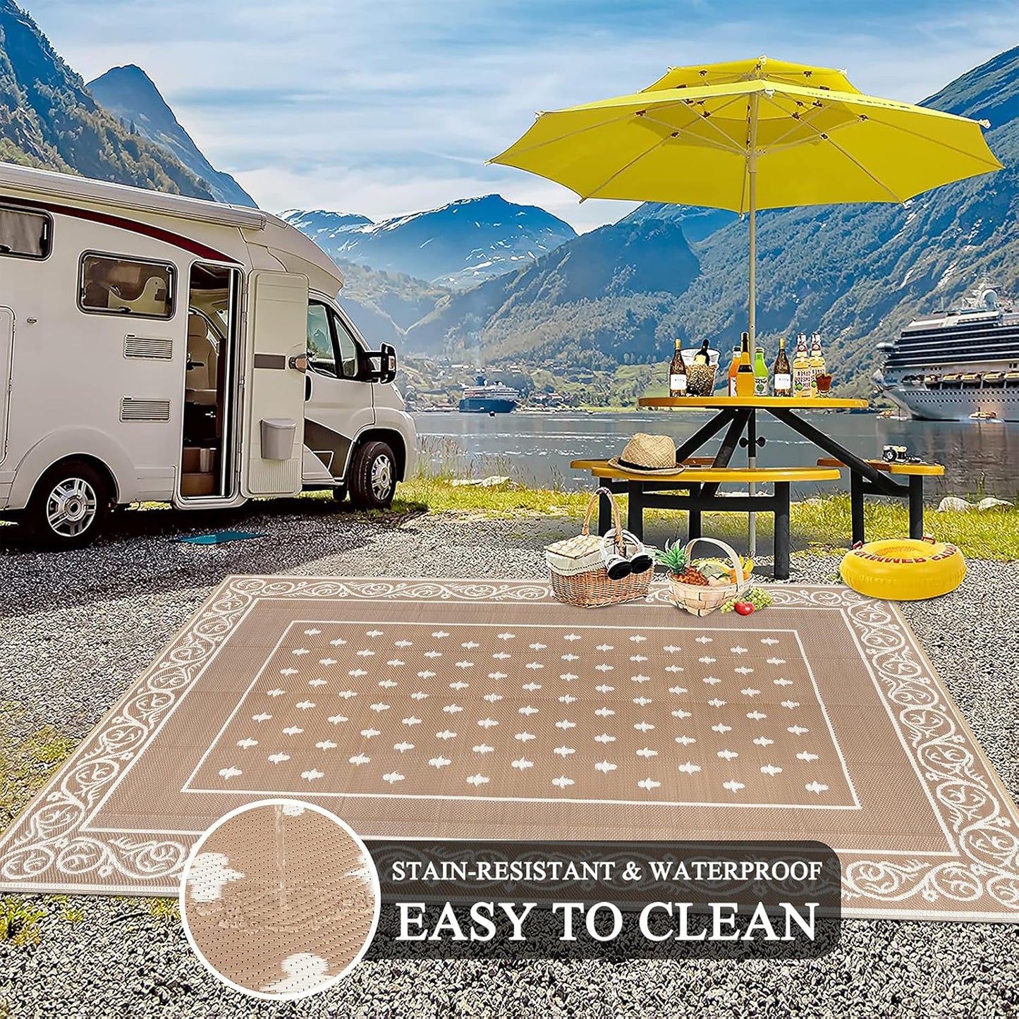 Pauwer Waterproof Outdoor Rug 8x10, Reversible Plastic Straw Patio Camping Rug, Indoor Outdoor RV Mat Carpet for Deck, Camper, Porch, Balcony, Backyard, Picnic, Bordered Beige
