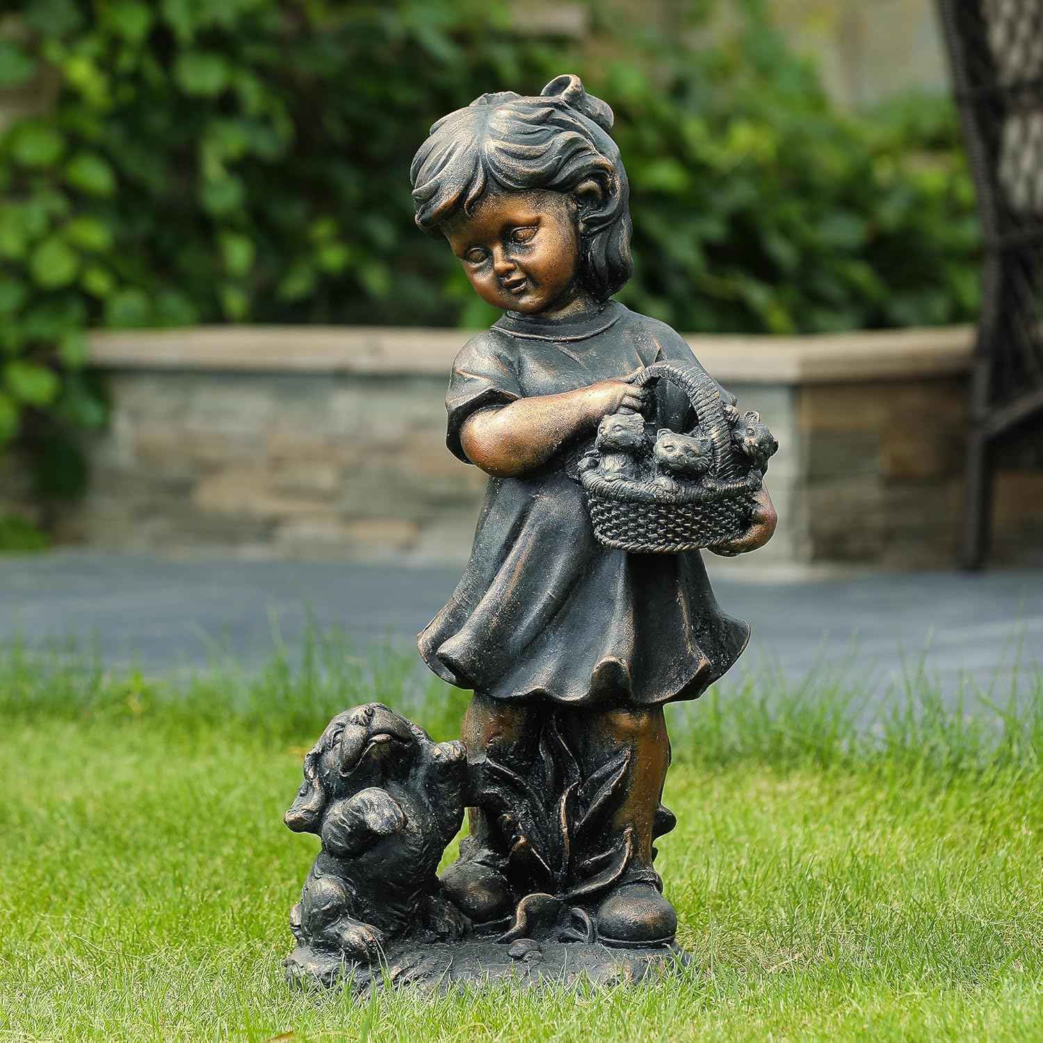 LuxenHome Garden Decor Statue,23" Fiber Stone Girl and Puppy Outdoor Statue, Bronze Garden Sculpture, Outdoor Art for Patio Courtyard Backyard Decor, House Warming Gifts