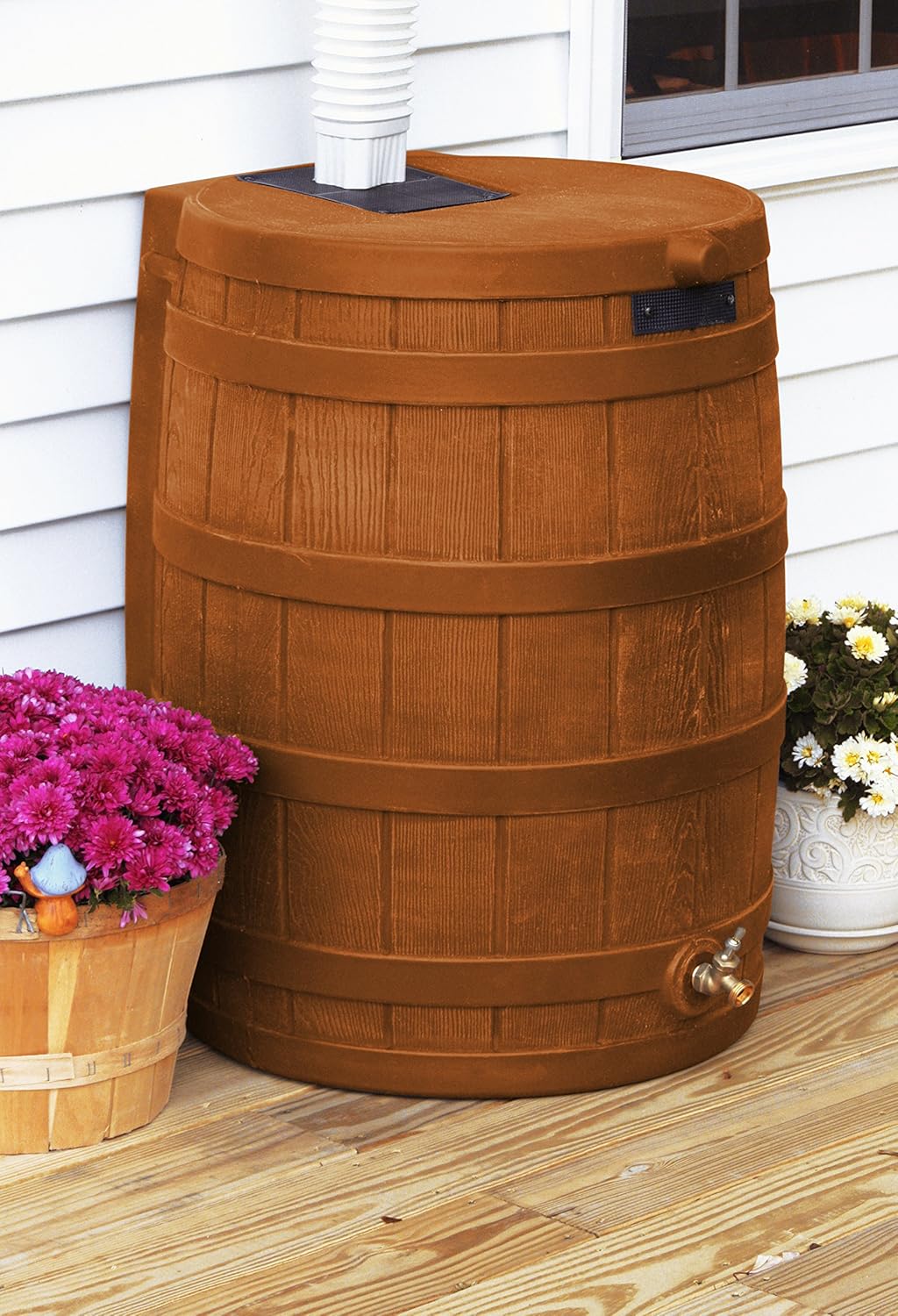 Good Ideas Rain Wizard 50 Gallon Plastic Rain Barrel for Outdoor Rainwater Collection and Storage Features a Metal Spigot and Flat Back Design, Terra Cotta