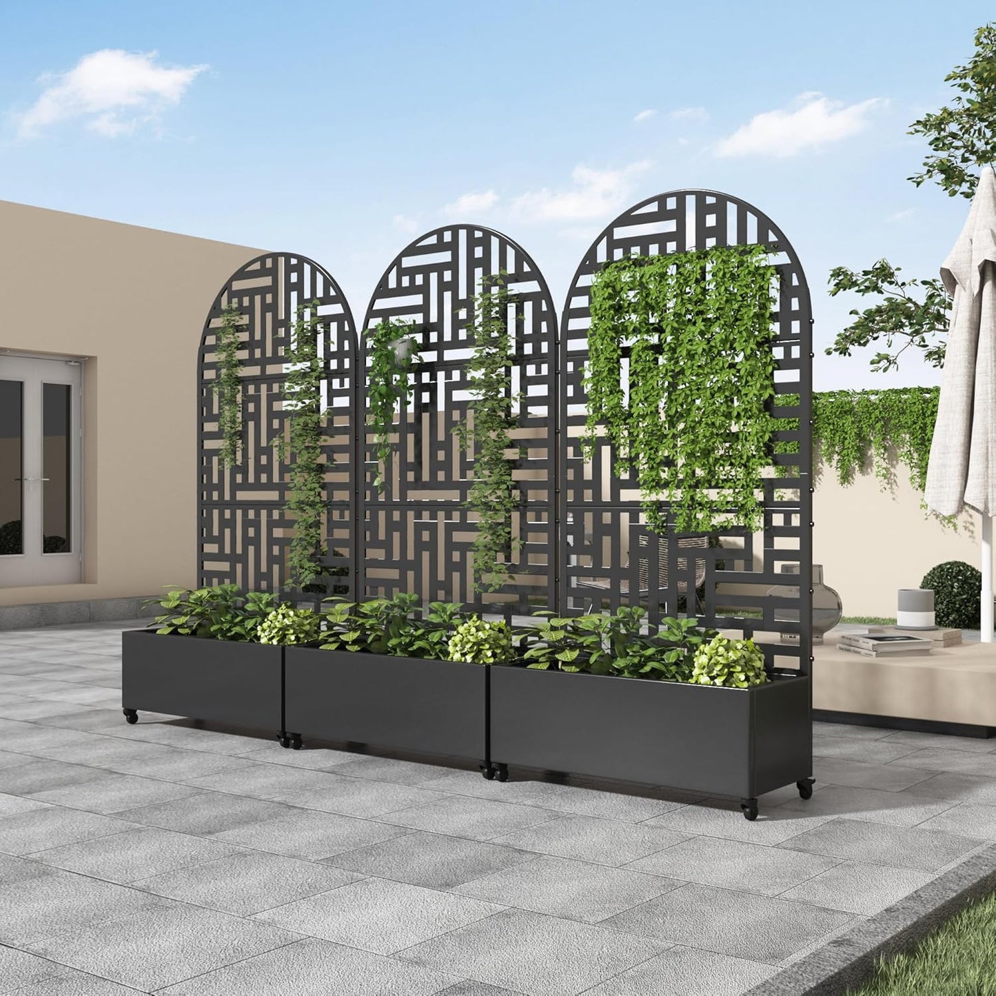 Casaphoria Metal Raised Garden Bed with Trellis and Wheels, 72"x35"x16" Arched Planter Box for Climbing Plants, Vegetables & Vines, Features Drainage Holes and Privacy Screen (Black-Helen)