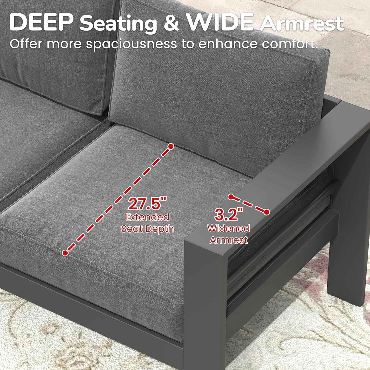 Solaste Patio Furniture Metal Armchair,2 PCS All-Weather Aluminum Garden Outdoor Contemporary Sofa Chair with Cushions, Grey