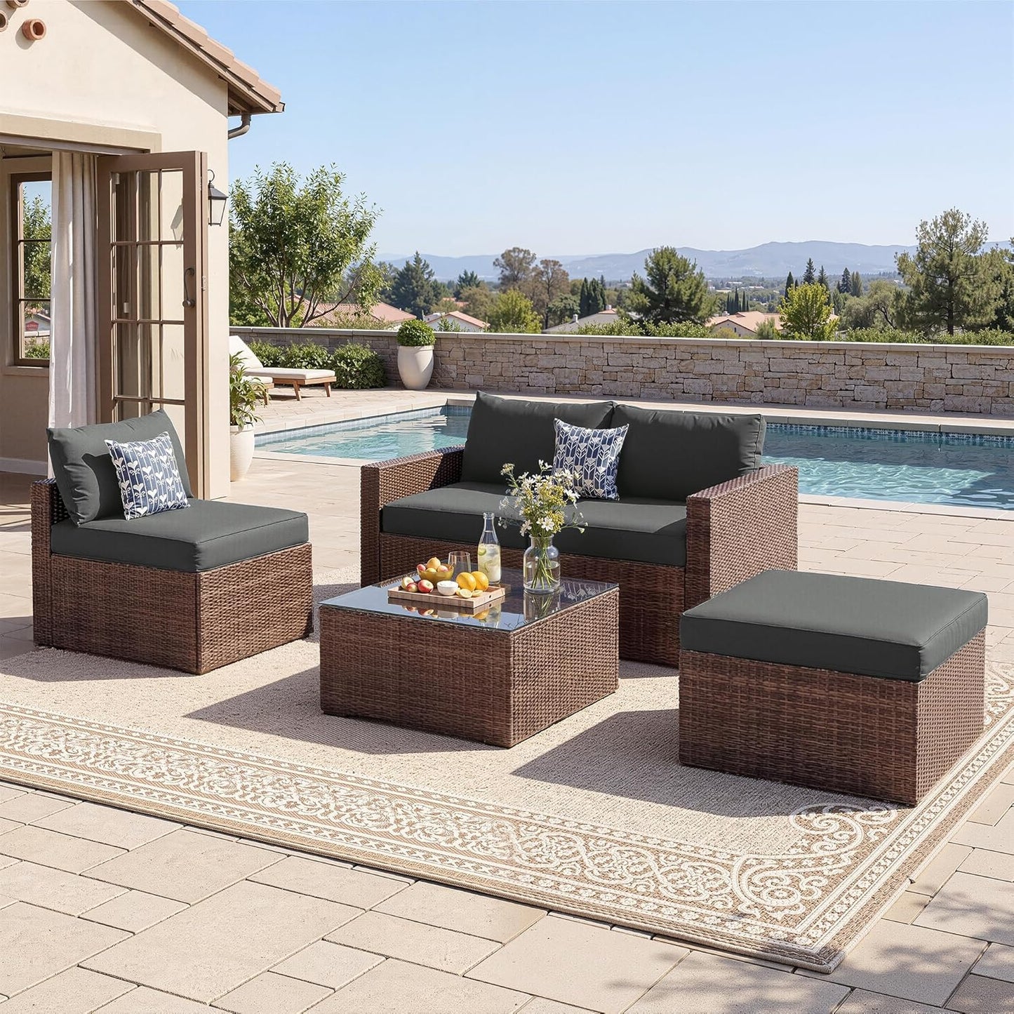UDPATIO 5 Piece Patio Furniture Set, All-Weather Wicker Outdoor Sectional Sofa,Rattan L Shaped Outdoor Conversation Patio Sectional with Ottoman, Glass Table for Balcony Porch Backyard,Grey