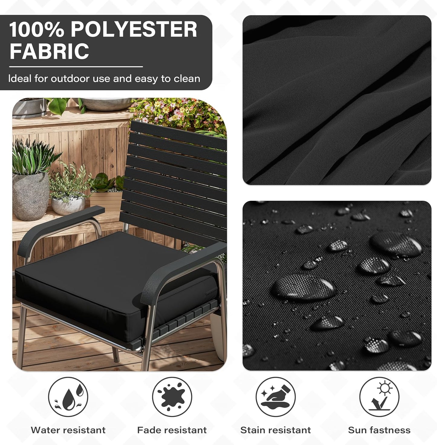 Patio Chair Cushions 22 X 22 X 4 Inch Waterproof Outdoor Seat Cushions for Patio Furniture, Outdoor Sofa Couch Pads with Ties & Handle, Set of 2, Black