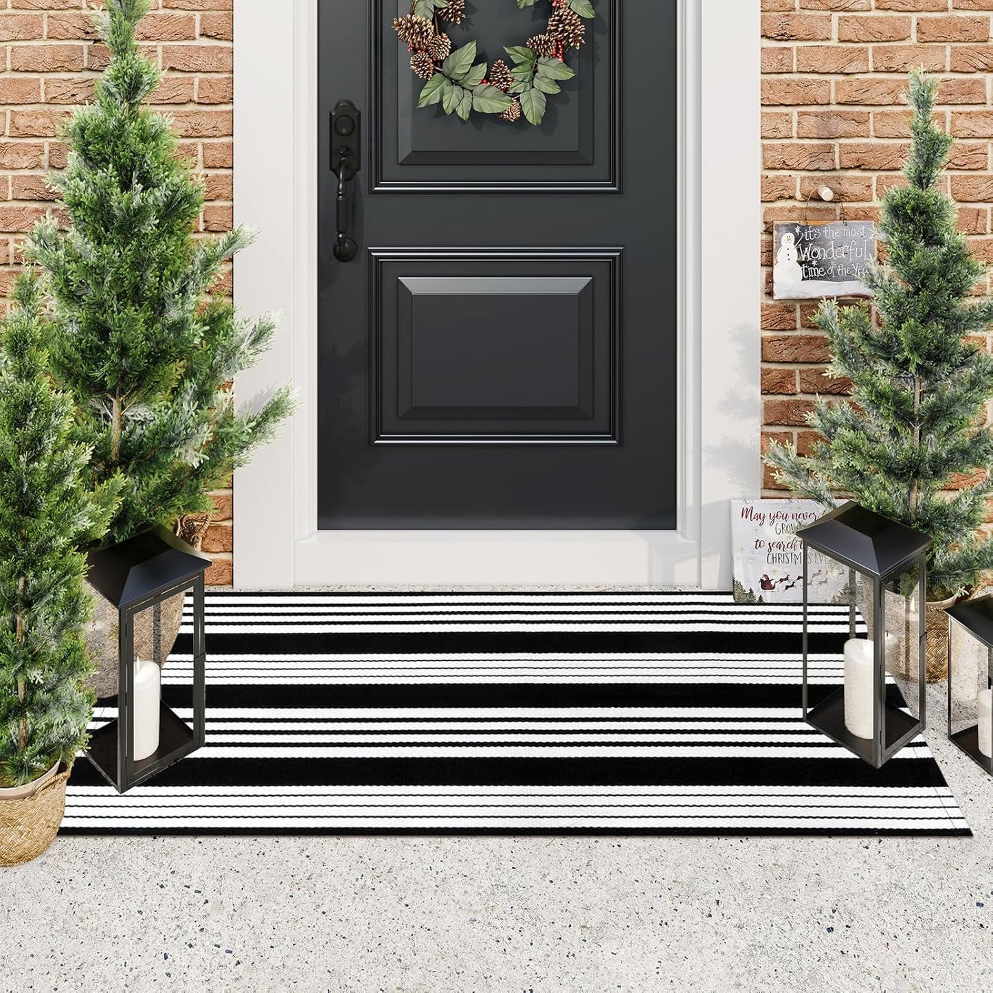 Black and White Striped Outdoor Rug, 2’ x 4.3’ Cotton Hand-Woven Reversible Front Porch Rug Washable Front Door Mat Entryway Rugs Welcome Layered Doormat Carpet for Patio Farmhouse Kitchen