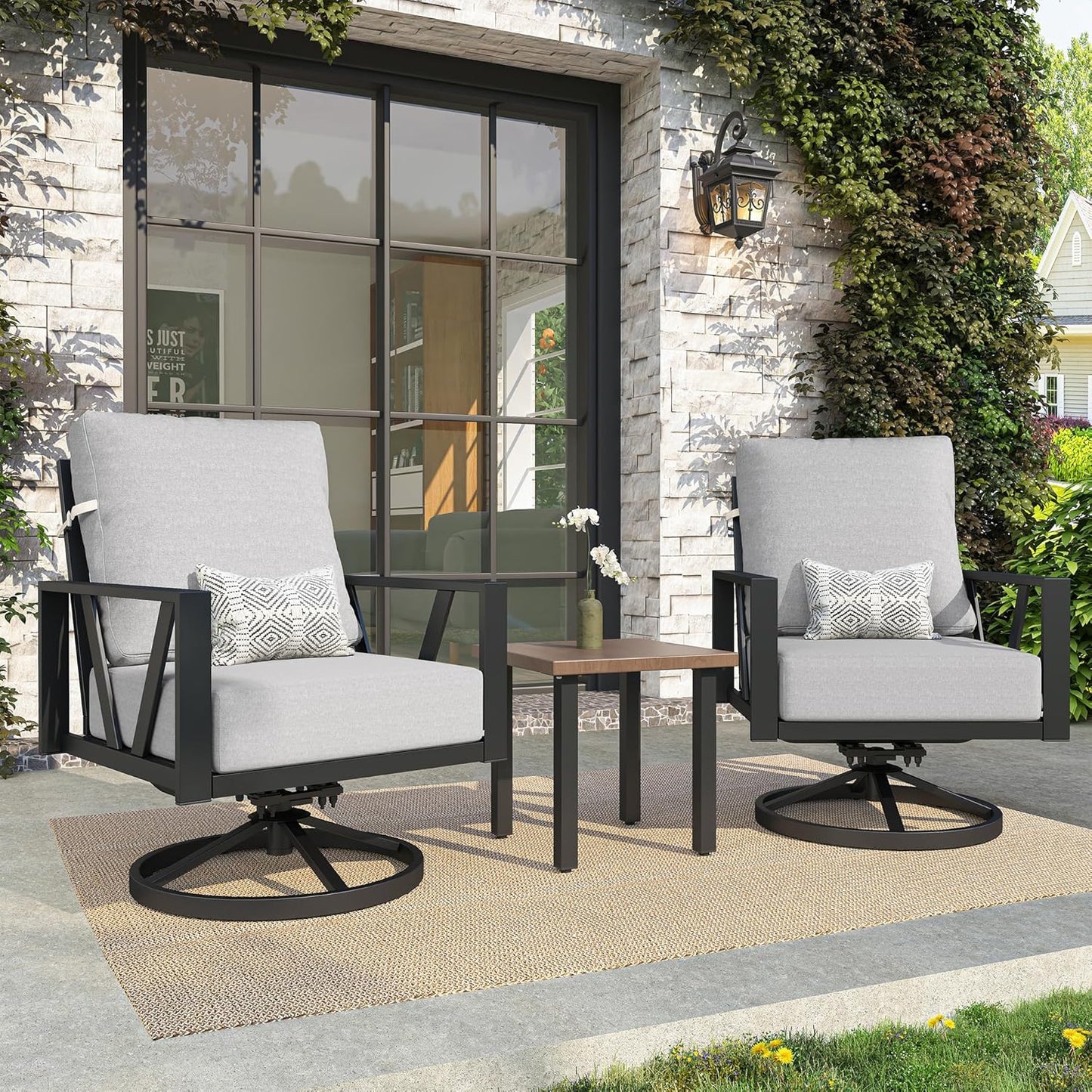 Outdoor Patio Swivel Rocking Chairs Set, Front Porch Furniture with 6" Thick Cushions, 3 Pieces Outdoor Bistro Set with Coffee Table, 350lbs, Light Grey