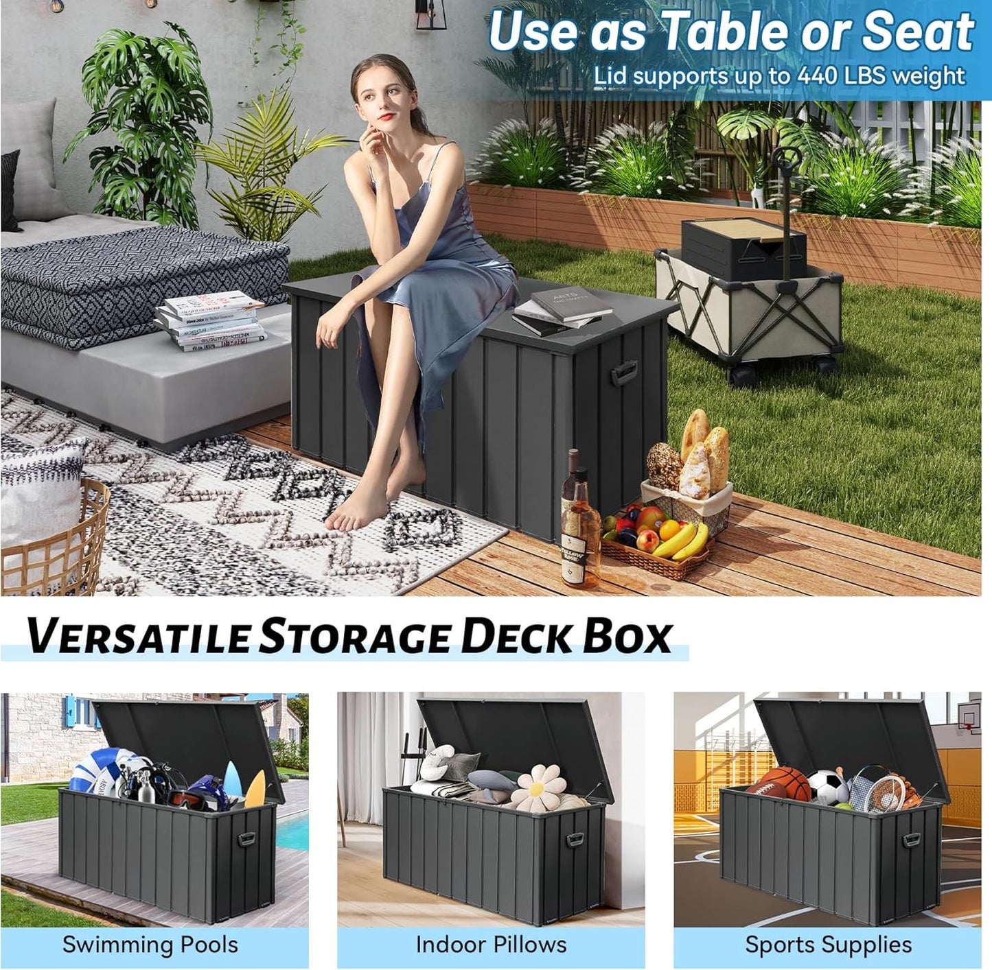 Outdoor Storage Box, 120 Gallon Metal Deck Box Built-in a Oxford Fabric Storage Bag, Lockable & Waterproof Outside Patio Storage Box for Cushions, Pillows, Pool Floats- Grey