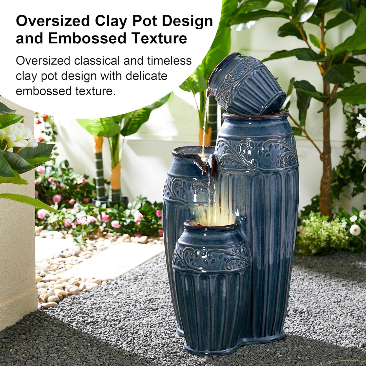 Glitzhome 35.5" H Oversized Outdoor Water Fountain with LED Lights and Pump, 4 Tier Turquoise Embossed Pattern Ceramic Pots Fountains, Cascading Standing Fountain for Porch Deck Garden Patio Backyard