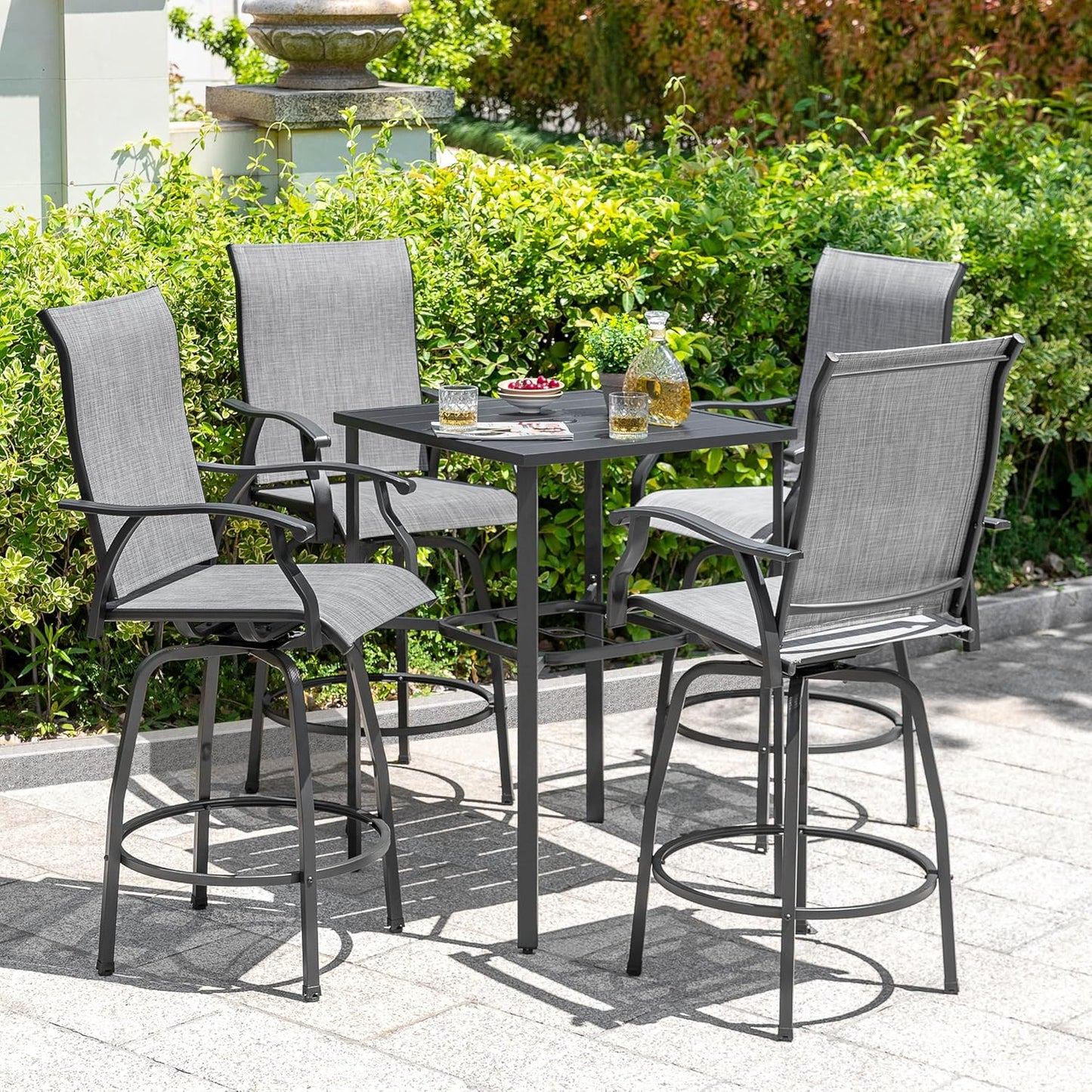 NUU GARDEN 5-Piece Outdoor Patio Swivel Bar Set, All-Weather Textilene High Bistro Stools and Square Bar Table with Slatted Tabletop and Umbrella Hole for Backyard, Balcony and Sunroom, Gray and Black
