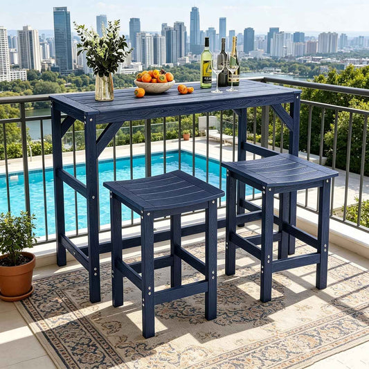 Outdoor Patio Bar Set,All Weather HIPS Table and Chairs Set,High Top Dining Table with 2 Bar Stools,Outside Rectangle Furniture for Balcony,Poolside,Backyard, Garden (Blue, 3 pcs)