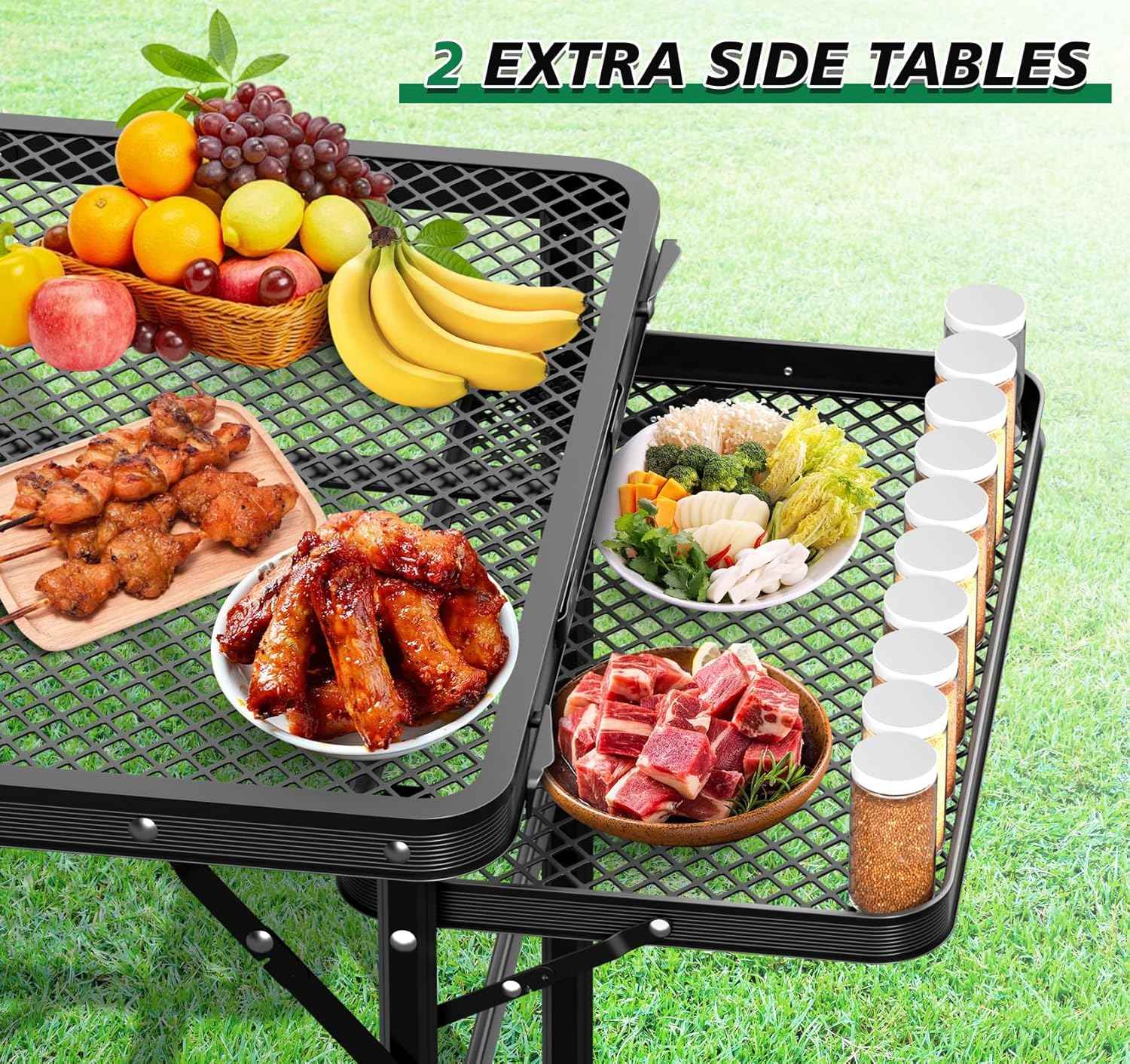 Folding Grill Table 30.3" Height Adjustable, Outdoor Camping Table with 2 Extra Desktops, 3x2 FT Portable Metal Grill Table for Outside for Picnic BBQ Camping Beach