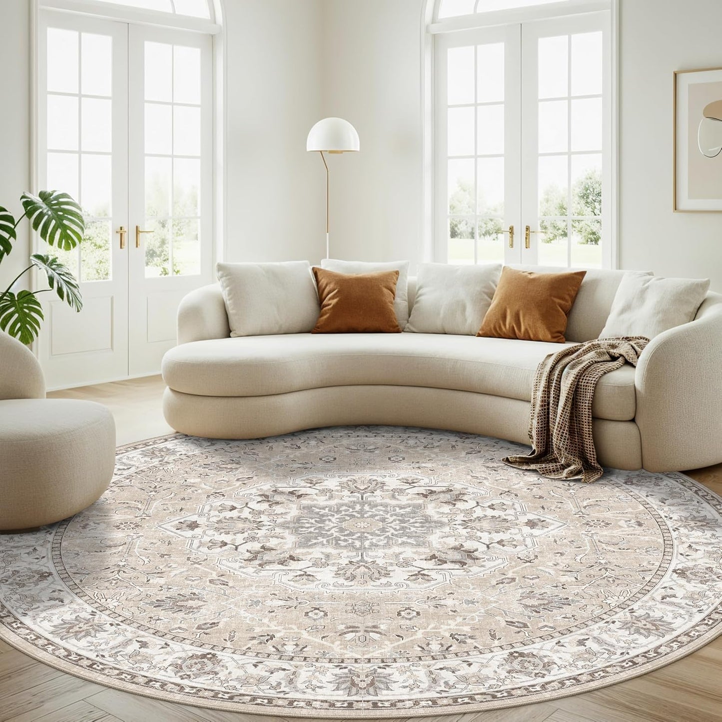 Washable 8ft Round Area Rug - Living Room Oriental Non Slip Soft Rugs Indoor Low Pile Stain Resistant Carpet for Bedroom Dining Room Farmhouse Distressed Thin Home Decor Floor Mat(8Round,Beige)