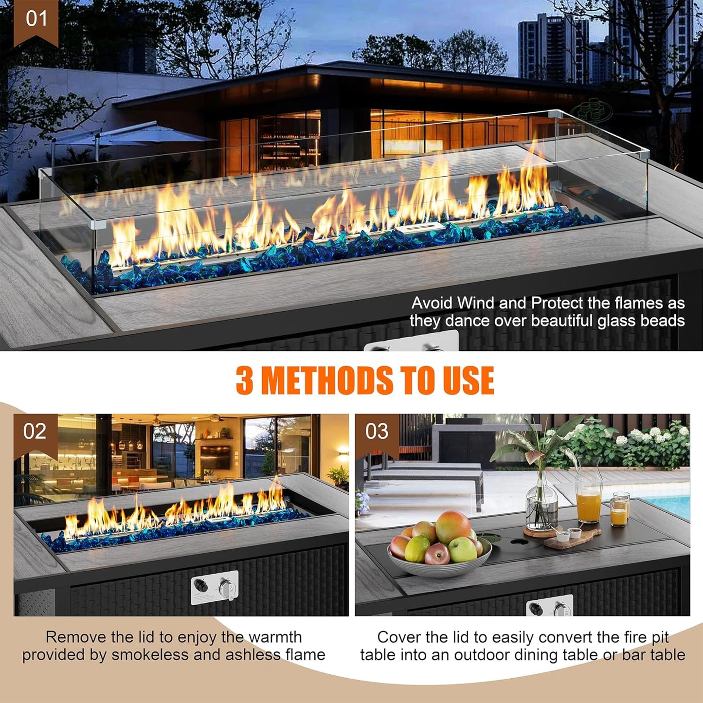 45 inch Outdoor Propane Fire Pit 50,000 BTU Gas Fire Pit Table with Lid, Glass Wind Guard, Waterproof Cover, Rectangle Gas Firepit Table for Garden/Patio, CSA Certification