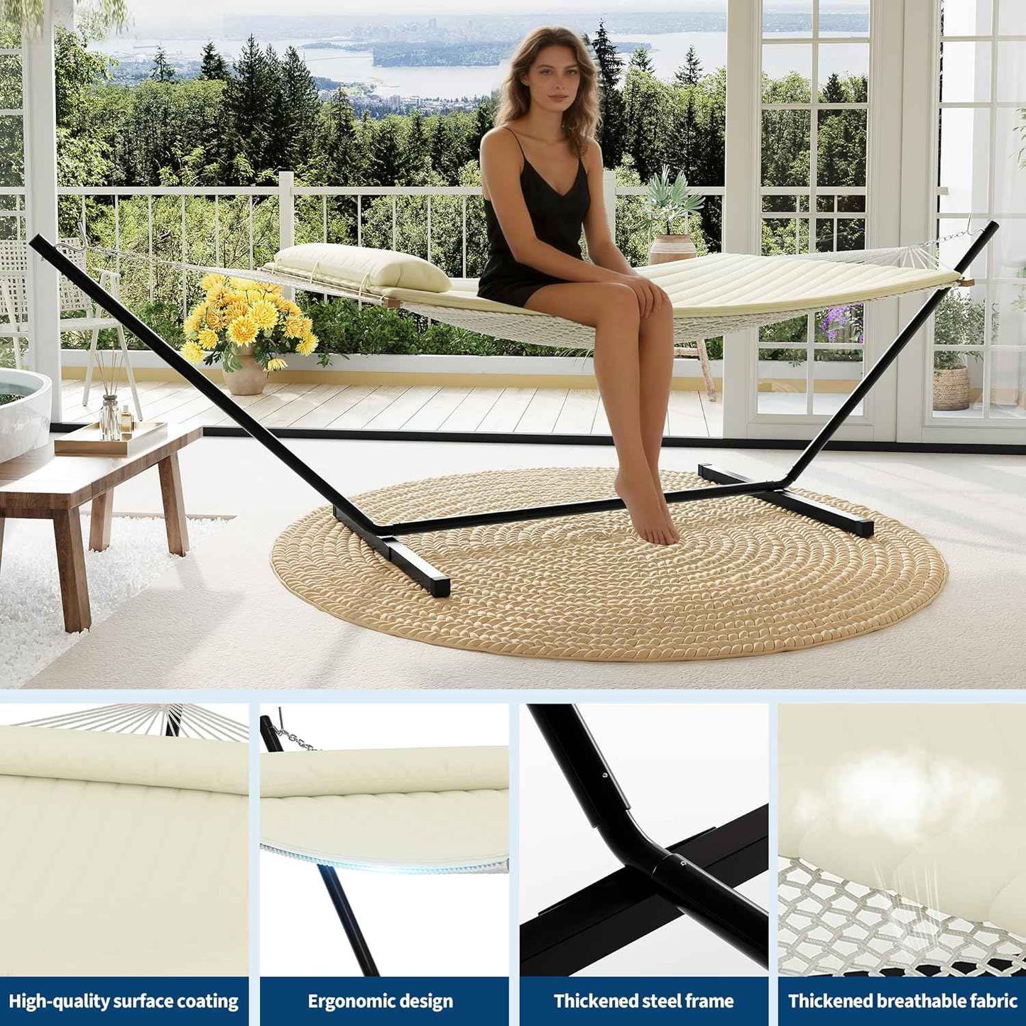Garvee 2 Person Portable Double Hammock for Outdoor with Pillow, Heavy Duty Portable Hammock with Adjustable Steel Stand for Patio, Garden, Beach, Backyard