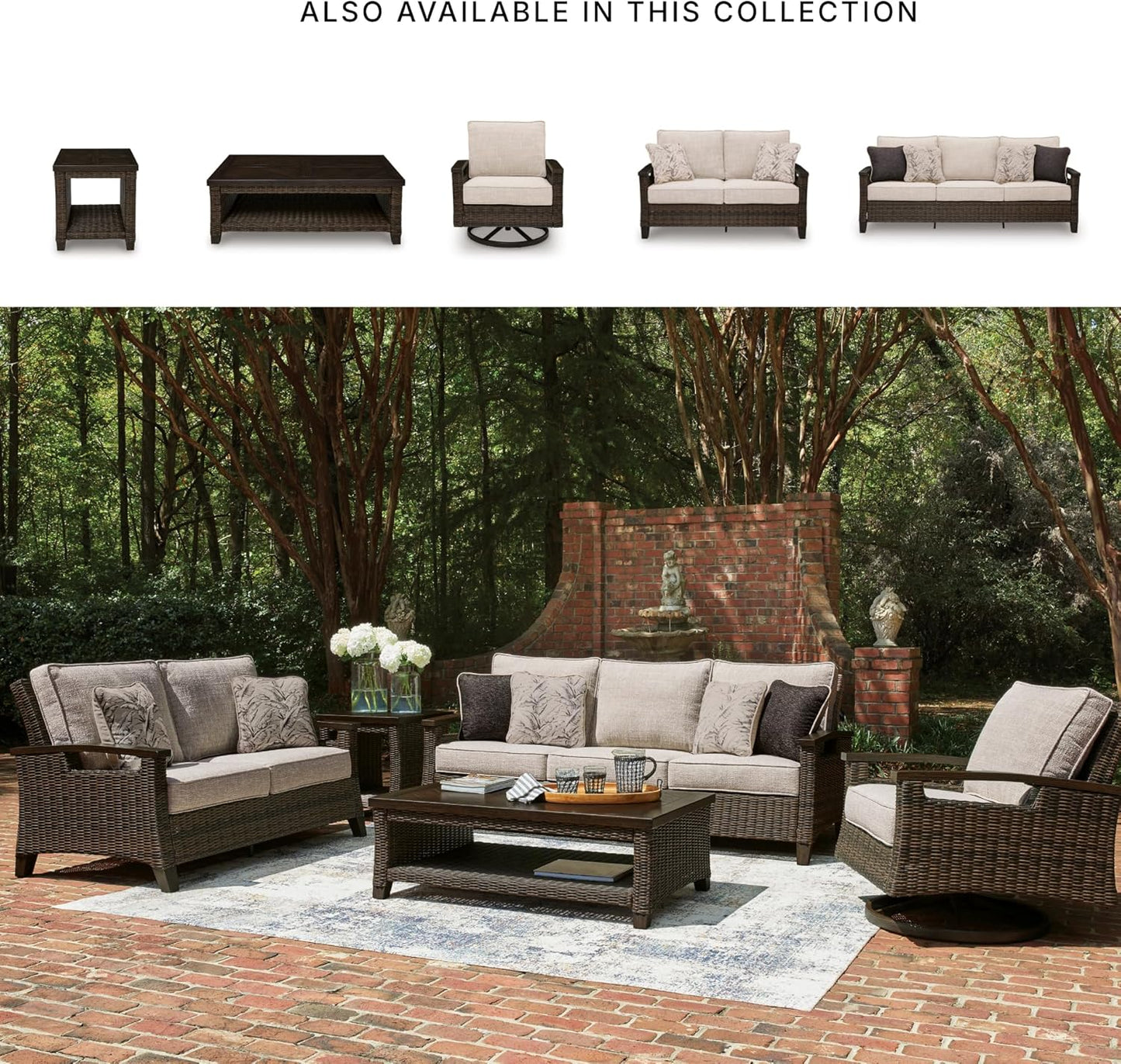 Signature Design by Ashley Drakes Beach Outdoor Coffee Table, Resin Wicker with Aluminum Frame and Wood‑Look Finish for Patio, Deck and Poolside Seating, 48" x 30"