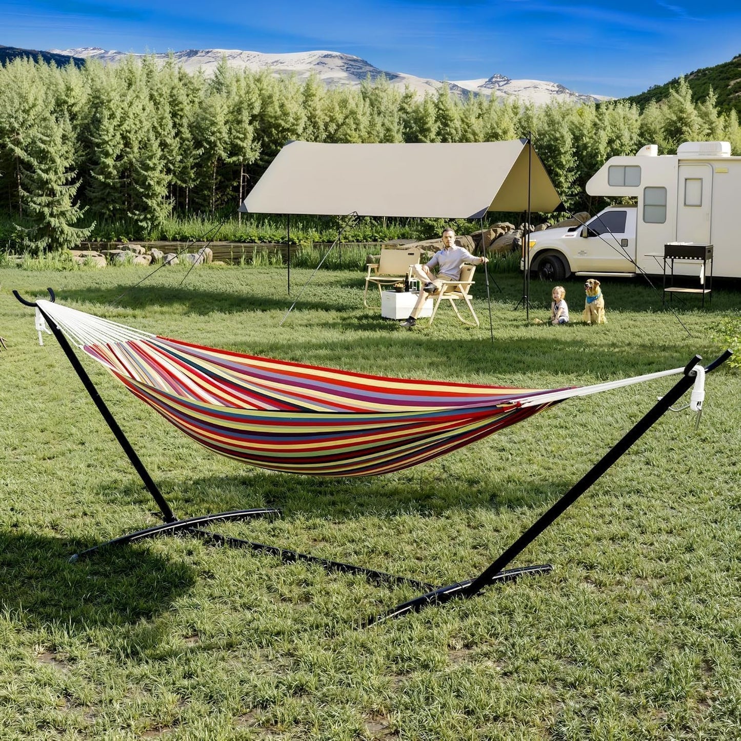 Double Hammock with Steel Stand, Outdoor Portable Hammocks Accommodates with 450Lb Capacity 2 People& Portable Carry Bag for Outside Camping Garden Yard,Yellow