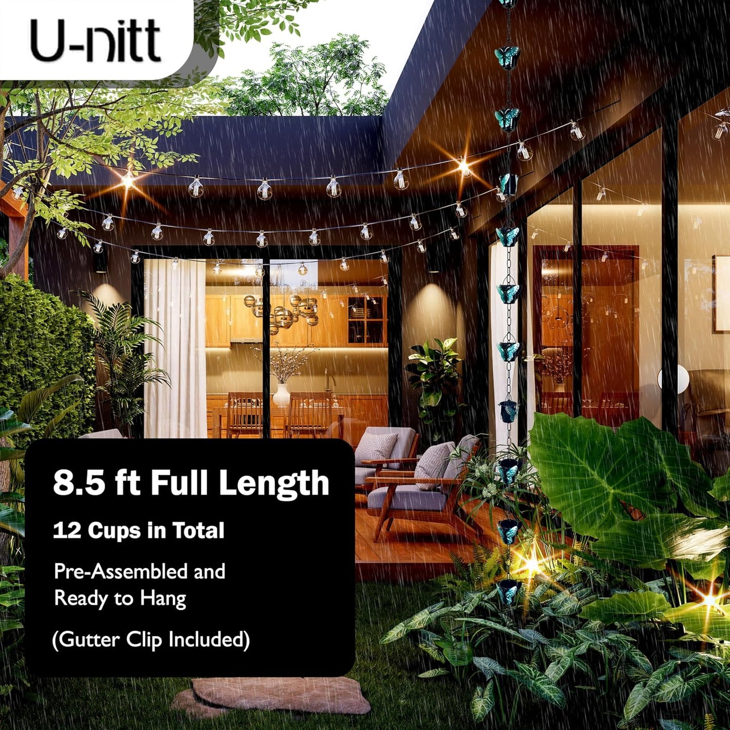 Rain Chain Water Collection for Gutters, Rainwater Catcher & Diverter, 8.5 FT Chains for Outside Garden, Butterfly Bucket Cups, Roof Downspout, Works with Heavy Rain, w/ Gutter Clip for Rainchains