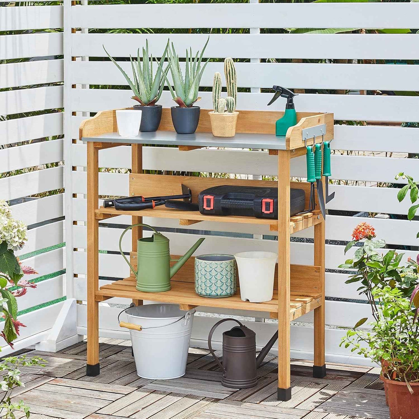 Topeakmart Potting Bench Table w/Metal Tabletop for Garden, Fir Wood Workstation w/3 Tier Shelves, Outdoor Work Bench w/Hook Natural Wood